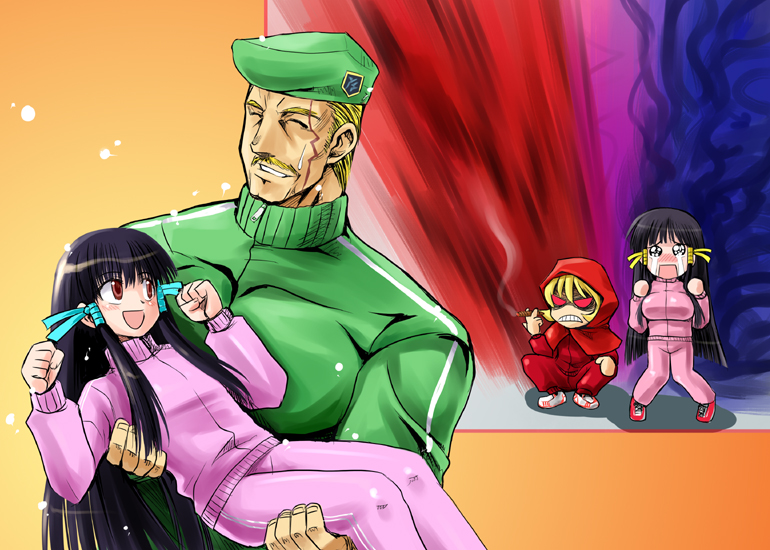 imai nyuu, inusurvivor, b.b. hood, general (kaiser knuckle), kasuga koito, kasuga maori, aq interactive, arcana heart, atlus, capcom, darkstalkers, examu, kaiser knuckle, m.u.g.e.n, character request, 1boy, 3girls, beret, black hair, blonde hair, breasts, capelet, carrying, cigar, crossover, crying, facial hair, green beret, grin, hat, hood, hood up, hooded capelet, knees together feet apart, long hair, looking at another, medium breasts, multiple girls, mustache, princess carry, red capelet, red eyes, shoes, short hair, sidelocks, small breasts, smile, smoking, sneakers, squatting, streaming tears, tears, track suit, very long hair, zipper pull tab
