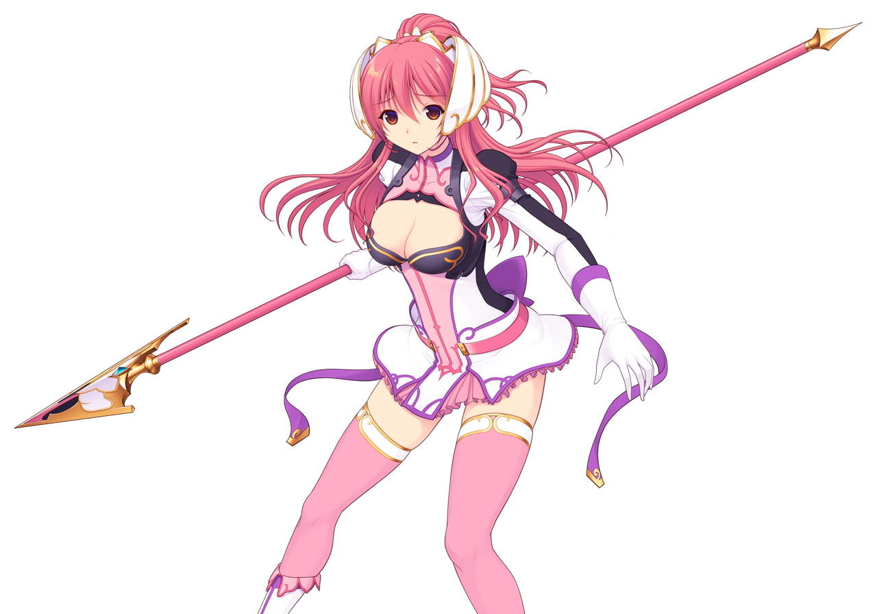 saitou natsuki, suhamaya, en ciel rena, en ciel rena (sin), tomoe rena, kourin tenshi en ciel rena, game cg, large variant set, non-web source, official art, variant set, 1girl, boots, breasts, brown eyes, cleavage, cleavage cutout, clothing cutout, dress, gloves, hair ornament, holding, holding behind back, holding polearm, holding polearm behind back, holding weapon, holding weapon behind back, large breasts, long hair, long sleeves, looking at viewer, miniskirt, pink hair, pink thighhighs, polearm, ponytail, red eyes, short dress, skirt, solo, spear, thighhighs, transparent background, weapon, white gloves, zettai ryouiki
