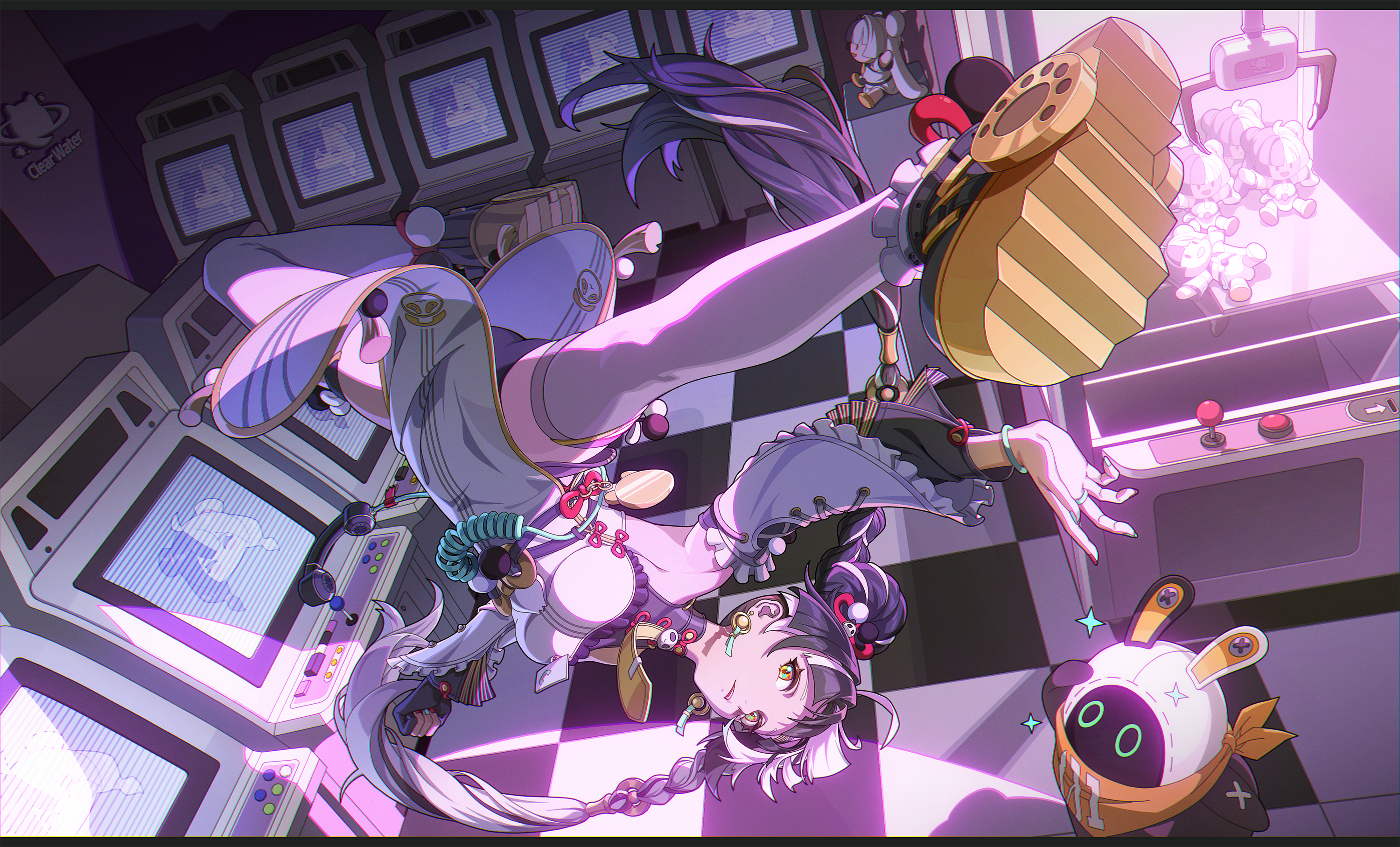 clear water, bangboo (zenless zone zero), dialyn (zenless zone zero), eous (zenless zone zero), zenless zone zero, commentary request, highres, 1girl, arcade, arcade cabinet, bare shoulders, black hair, black shoes, black shorts, braid, braided twintails, cable, character doll, checkered floor, china dress, chinese clothes, controller, crane game, detached sleeves, doll, dress, earrings, hair extensions, hair ornament, indoors, jewelry, long hair, multicolored hair, necktie, open mouth, panda hair ornament, pelvic curtain, ring hair extensions, shoes, shorts, sparkle, sparkling eyes, split-color hair, stuffed toy, thighhighs, upside-down, white hair, white thighhighs, yellow eyes, yellow necktie