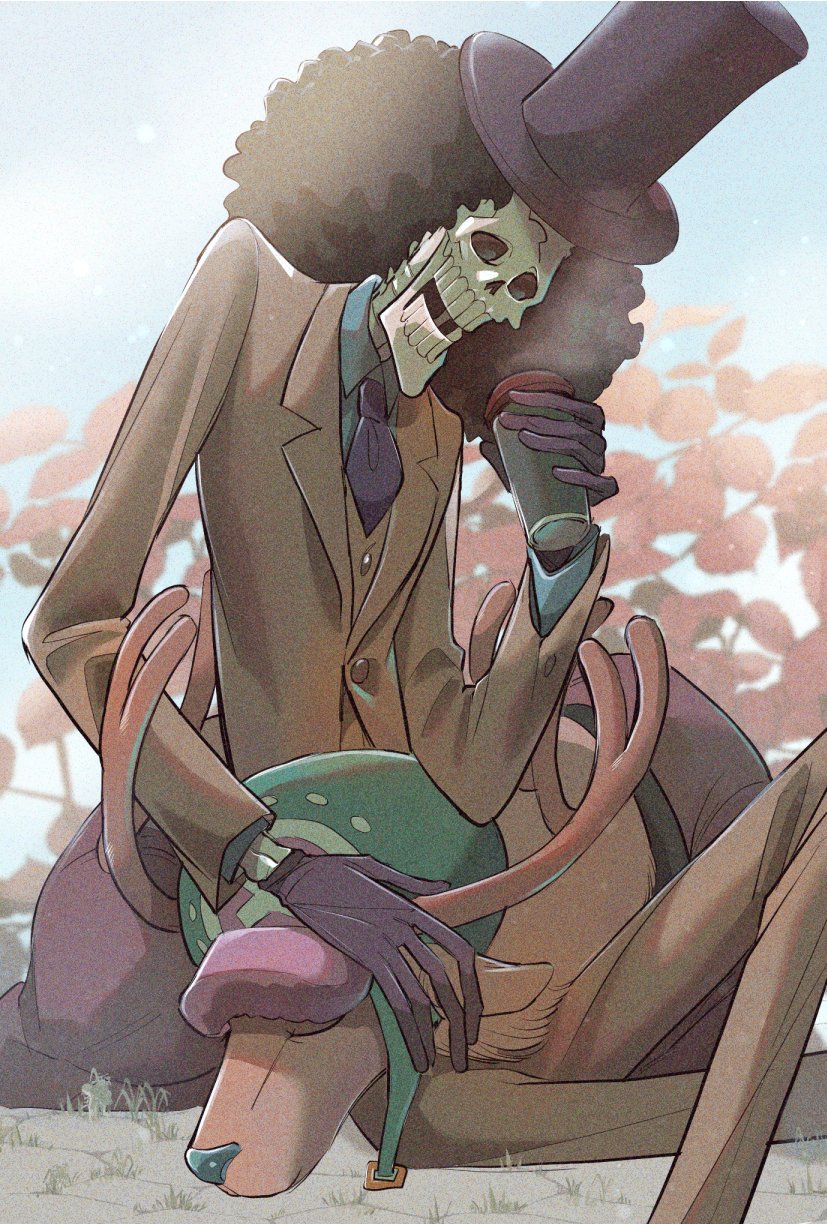 tomatop, brook (one piece), tony tony chopper, one piece, highres, 2boys, afro, black hair, brown suit, closed eyes, cross, cup, formal clothes, gloves, hat, holding, holding cup, multiple boys, necktie, outdoors, skeleton, sleeping, sleeping on person, smoke, suit