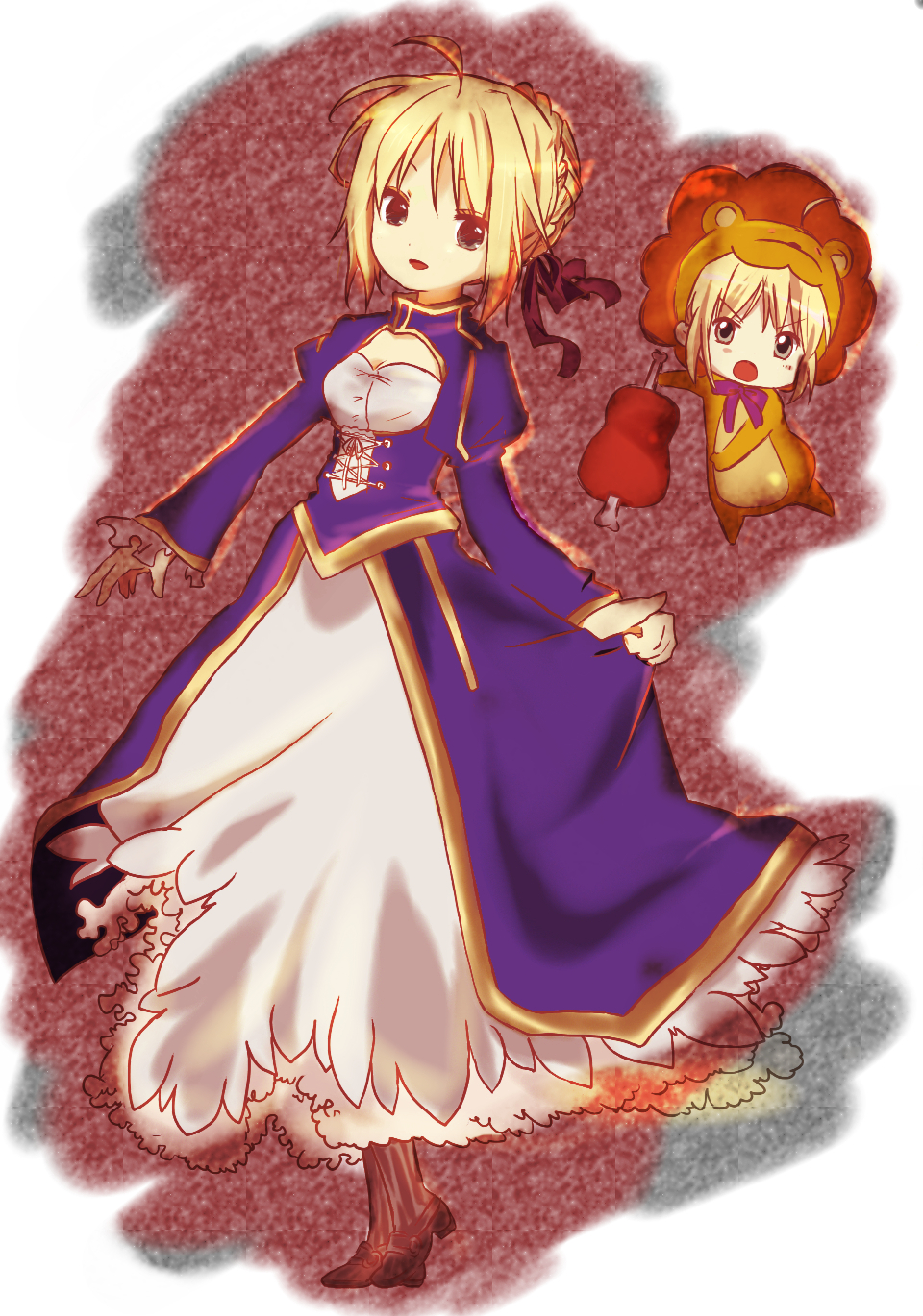 bukiko, artoria pendragon (fate), saber (fate), saber lion, fate/stay night, fate/tiger colosseum, fate (series), bad id, bad pixiv id, highres, 00s, 2girls, ahoge, blonde hair, chibi, dress, food, meat, multiple girls