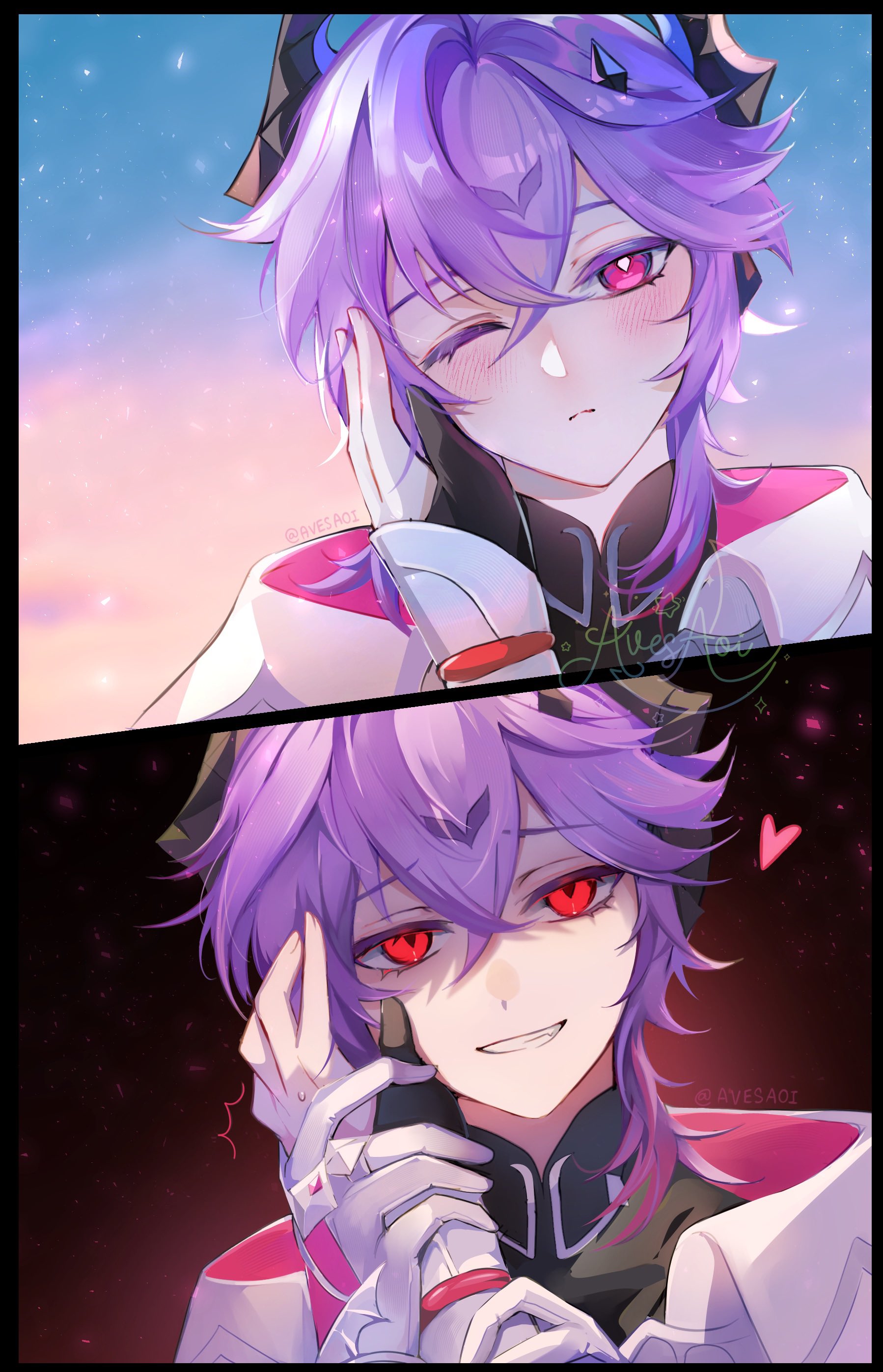 avesaoi, mini durin (genshin impact), mini durin (human) (genshin impact), genshin impact, absurdres, highres, blush, dragon boy, dragon horns, gloves, heart, horns, one eye closed, pink eyes, red eyes, smile, watermark, white gloves