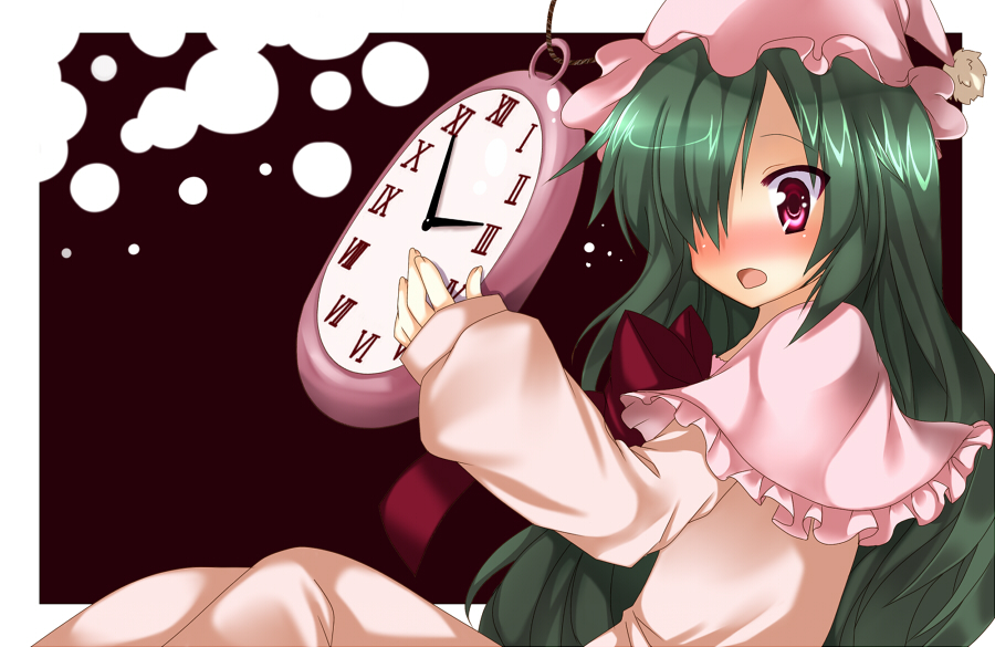 tatsuyoshi, kazami yuuka, kazami yuuka (pc-98), lotus land story, touhou, touhou (pc-98), bad id, bad pixiv id, 1girl, blush, clock, female focus, green hair, hair over one eye, hat, long hair, nightcap, nightgown, red eyes, roman numeral, solo