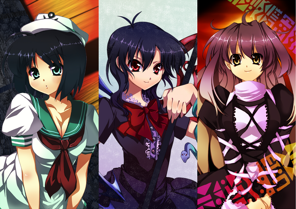 tatsuyoshi, hijiri byakuren, houjuu nue, murasa minamitsu, touhou, bad id, bad pixiv id, 3girls, black hair, female focus, gothic lolita, gradient hair, green eyes, hat, lolita fashion, multicolored hair, multiple girls, red eyes, sailor, sailor collar, sailor hat, short hair, sorcerer's sutra scroll, yellow eyes