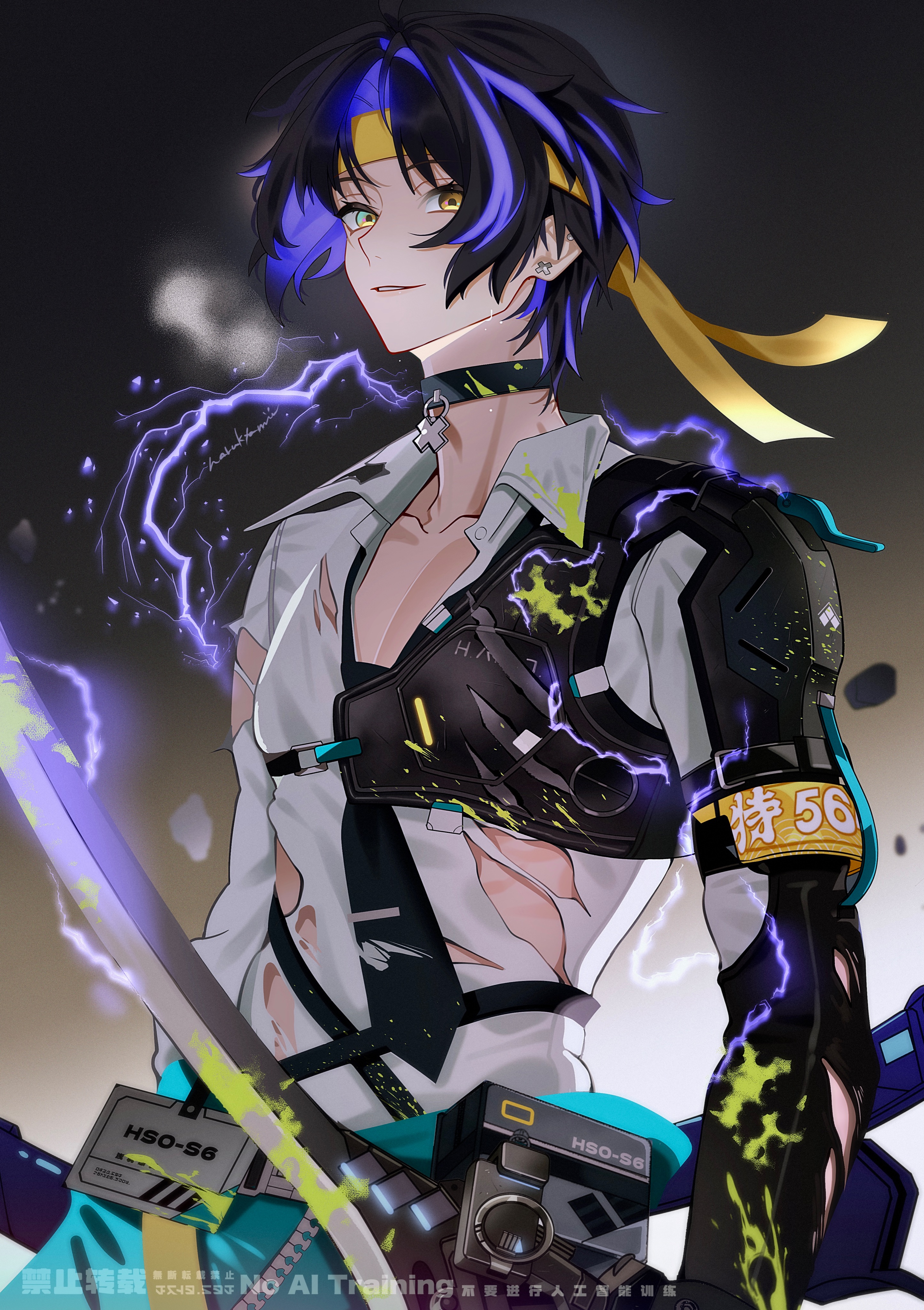 naru9, asaba harumasa, zenless zone zero, absurdres, highres, 1boy, armor, black choker, black hair, black necktie, blood, blood on clothes, bloody weapon, blue eyes, blue hair, bow (weapon), choker, clothes around waist, collarbone, dark background, ear piercing, earrings, electricity, glowing, glowing hair, green blood, headband, heterochromia, holding, holding bow (weapon), holding weapon, jewelry, looking at viewer, male focus, multicolored hair, necktie, parted bangs, parted lips, pendant choker, piercing, shirt, short hair, shoulder armor, solo, torn clothes, torn shirt, upper body, weapon, white shirt, yellow eyes, yellow headband