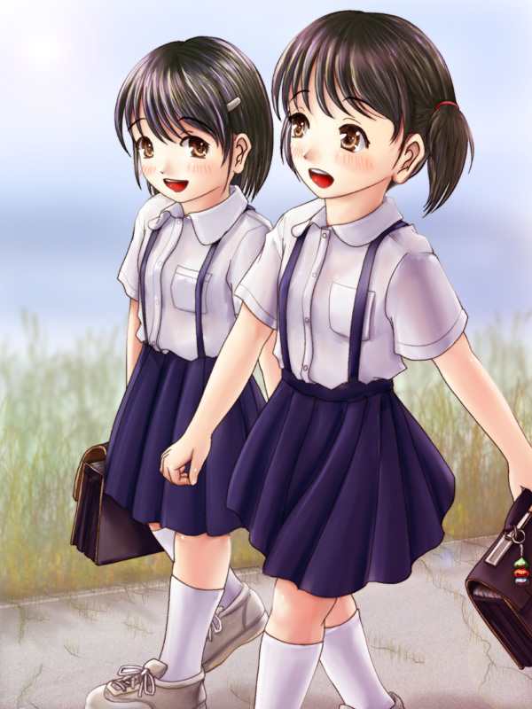 phazer, bad id, bad pixiv id, 2girls, bag, black hair, blush, brown eyes, child, kneehighs, multiple girls, school bag, school uniform, short hair, socks, twintails