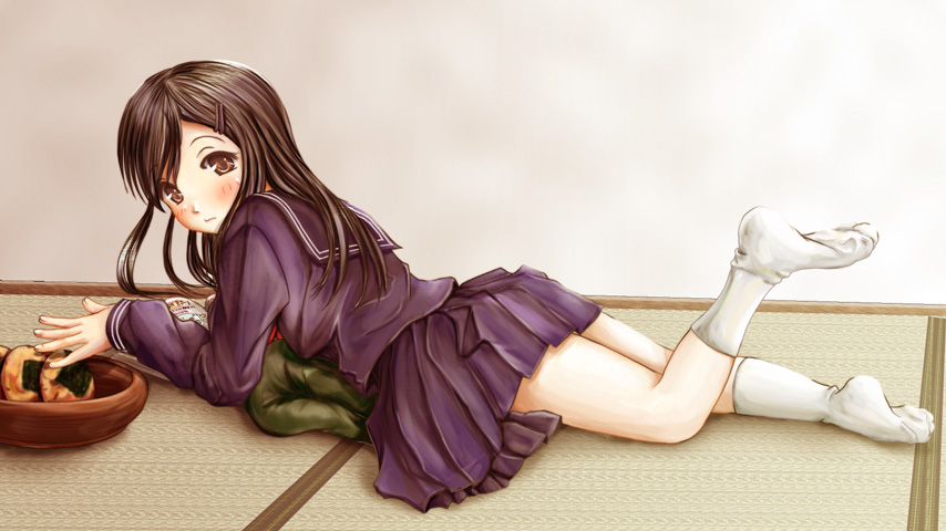 phazer, original, bad id, bad pixiv id, 1girl, ass, black hair, blush, brown eyes, cracker, feet, female focus, food, hair ornament, hairclip, indoors, legs, long hair, looking back, lying, on stomach, reading, school uniform, senbei, skirt, snack, socks, solo