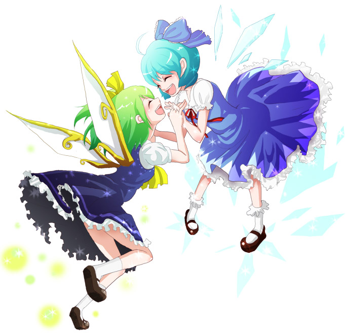 nima, nima (nimamenoki), cirno, daiyousei, embodiment of scarlet devil, touhou, bad id, bad pixiv id, 2girls, blue hair, bow, green hair, hair ribbon, holding hands, mary janes, multiple girls, ribbon, shoes, short hair, wings