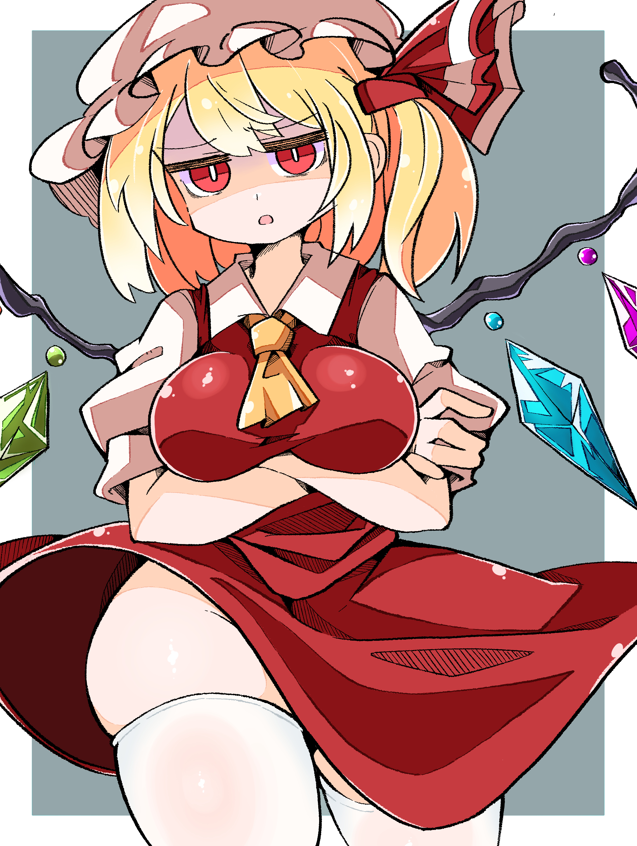 happynalga, flandre scarlet, touhou, absurdres, hashtag-only commentary, highres, 1girl, arms under breasts, ascot, blonde hair, border, breasts, bright pupils, crossed arms, crystal wings, grey background, groin, hair ribbon, hat, large breasts, looking at viewer, mob cap, open mouth, red eyes, red ribbon, red skirt, ribbon, short hair, short sleeves, simple background, skirt, solo, thighhighs, thighs, white border, white hat, white pupils, white thighhighs, wings, yellow ascot