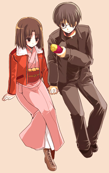 momo (gomenne), mou ii, kokutou mikiya, ryougi shiki, kara no kyoukai, 1boy, 1girl, black hair, blush, boots, brown eyes, brown hair, couple, glasses, hair over one eye, hetero, holding hands, jacket, japanese clothes, kimono, obi, potato, red jacket, sash, short hair, sweater