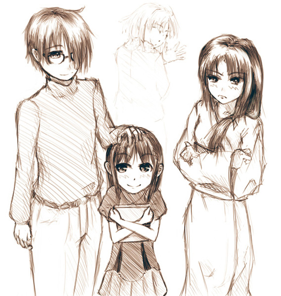 mou ii, kokutou mikiya, ryougi mana, ryougi shiki, kara no kyoukai, black hair, blush, glasses, hug, japanese clothes, kimono, short hair