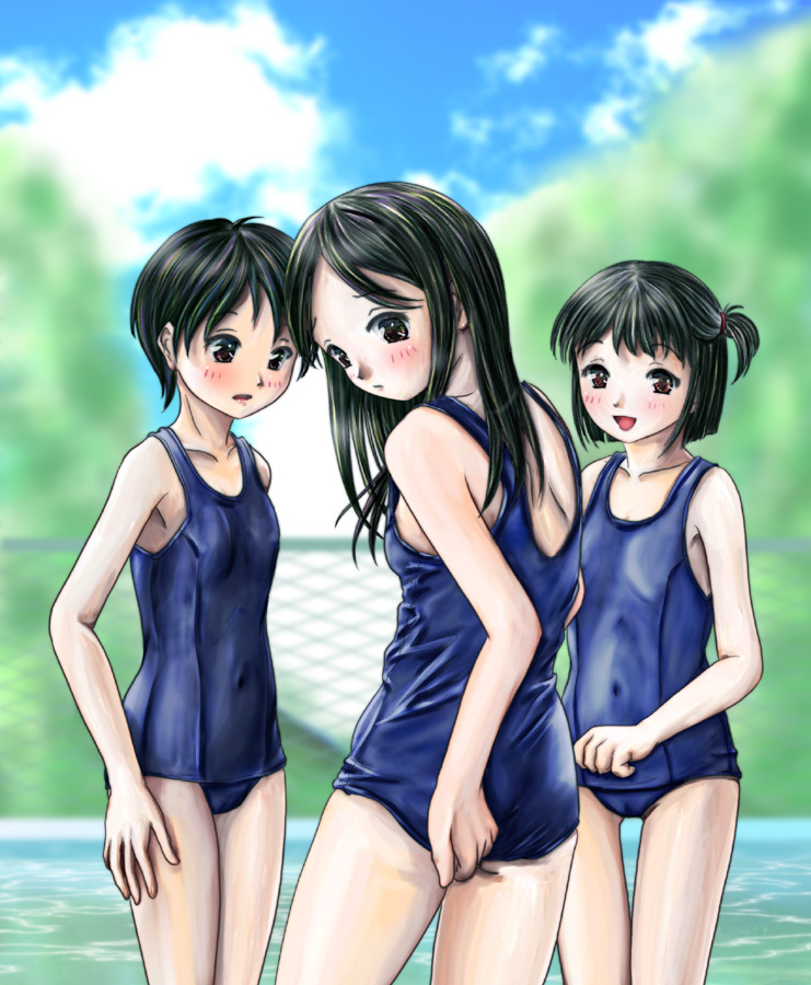 phazer, bad id, bad pixiv id, 3girls, adjusting clothes, adjusting swimsuit, ass, black hair, blush, brown eyes, cameltoe, flat chest, from behind, loli, long hair, looking back, multiple girls, one-piece swimsuit, pool, school swimsuit, short hair, swimsuit, water