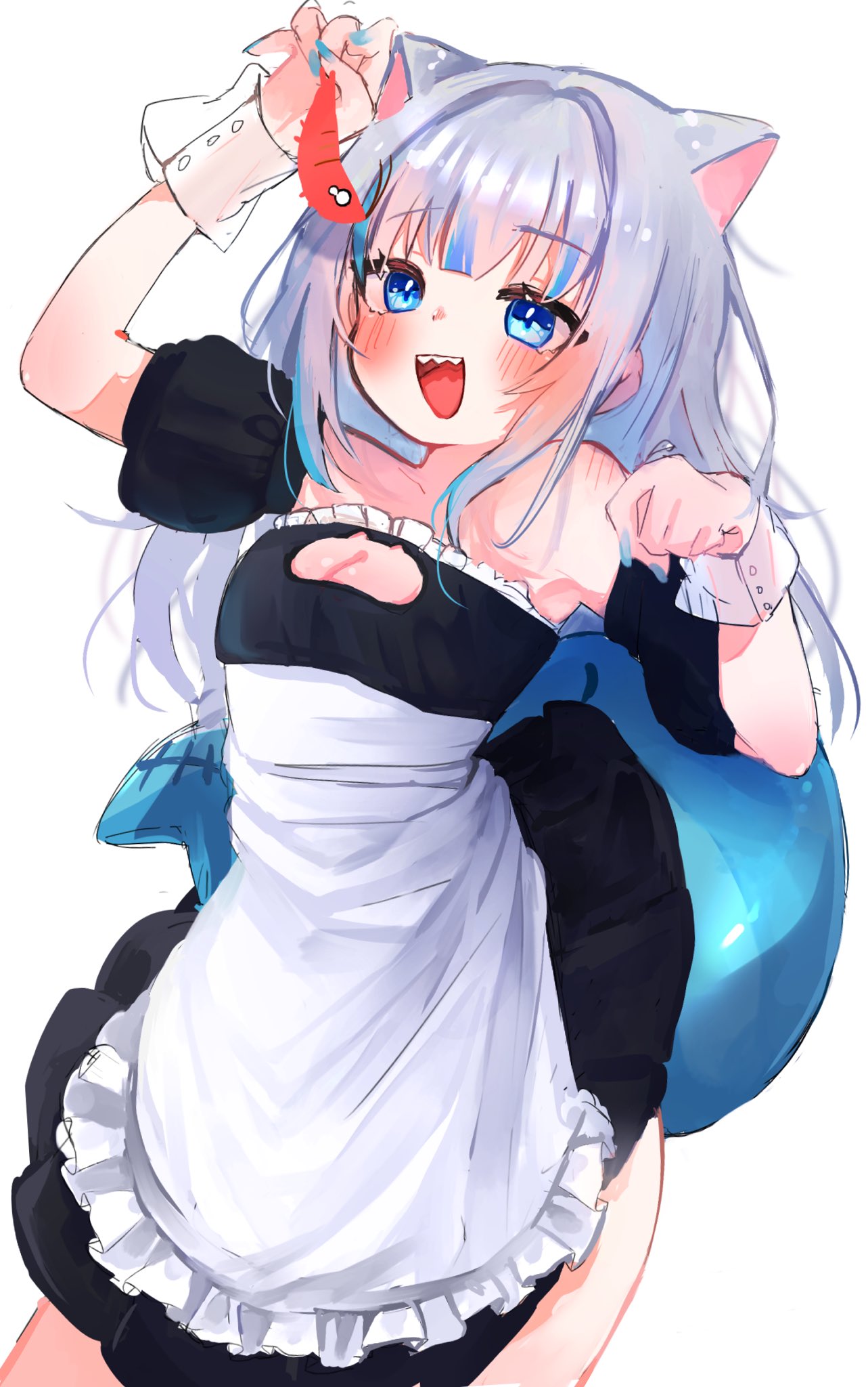 haro (1026 86), gawr gura, hololive, hololive english, commentary request, highres, 1girl, animal ears, apron, black dress, blue eyes, blush, breasts, cat cutout, cleavage, cleavage cutout, clothing cutout, cowboy shot, detached sleeves, dress, fins, fish tail, food, grey hair, hands up, holding, holding food, imminent eating, long hair, multicolored hair, open mouth, shark girl, shark tail, short sleeves, simple background, solo, strapless, strapless dress, streaked hair, tail, virtual youtuber, white apron, white background, white wrist cuffs, wrist cuffs