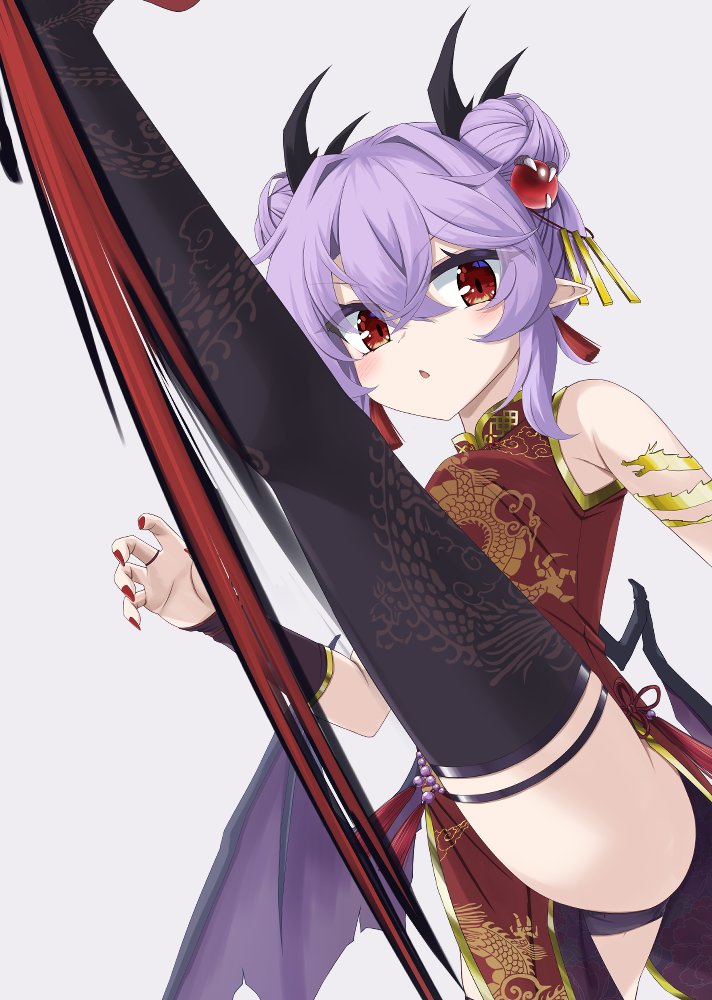 akisome hatsuka, remilia scarlet, touhou, commentary request, 1girl, alternate costume, alternate hairstyle, black thighhighs, blush, border, china dress, chinese clothes, double bun, dress, earrings, hair bun, jewelry, leg up, looking at viewer, open mouth, pointy ears, purple hair, red border, red dress, red eyes, short hair, simple background, solo, thighhighs, white background