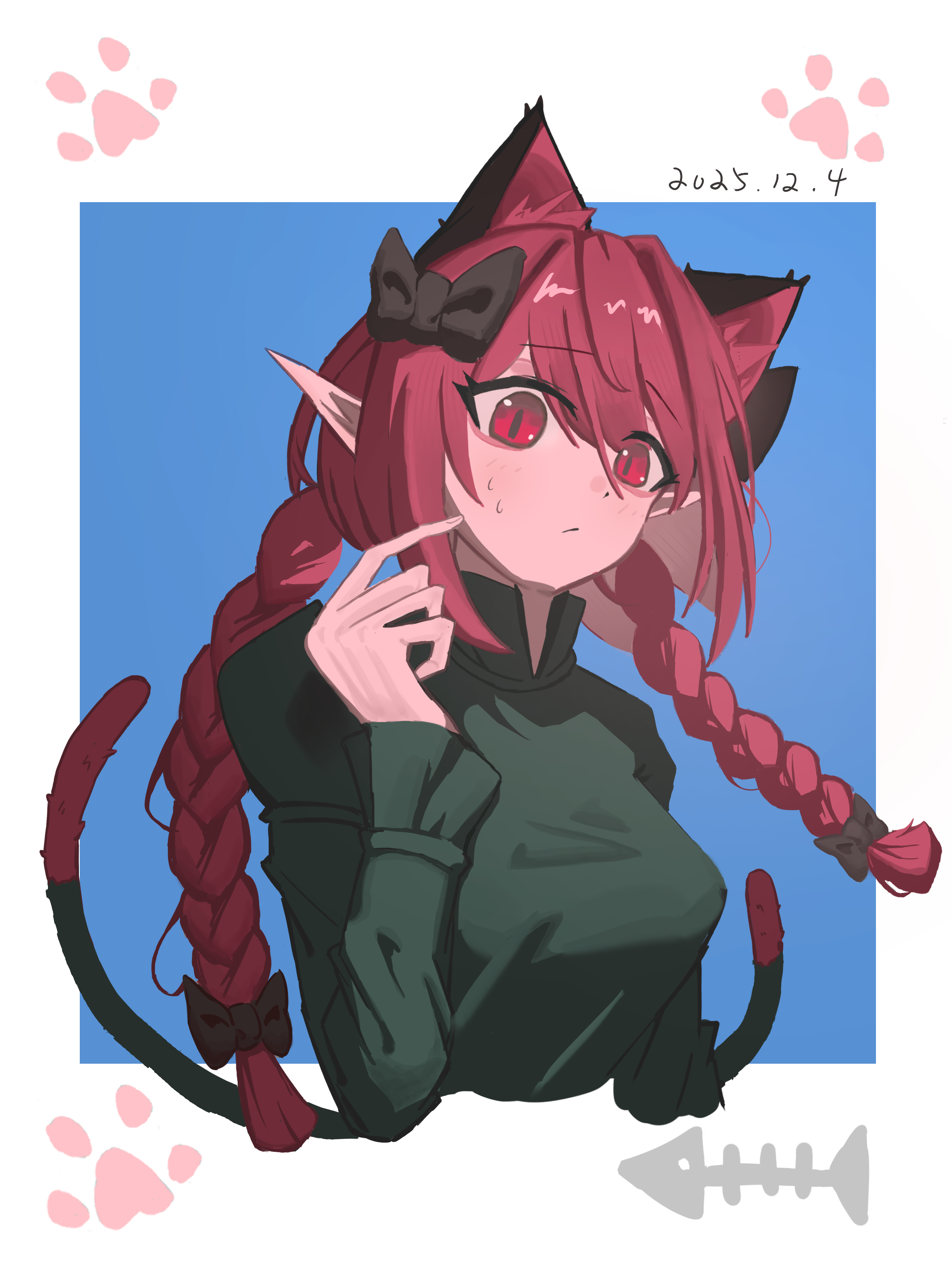 kaenbyou rin, touhou, absurdres, commentary, highres, 1girl, animal ears, black bow, bow, braid, breasts, cat ears, cat girl, cat tail, closed mouth, dated, extra ears, hair bow, long hair, long sleeves, multiple tails, pointy ears, red eyes, red hair, side braids, slit pupils, solo, sweat, tail, twin braids, two tails, upper body, uzzexl