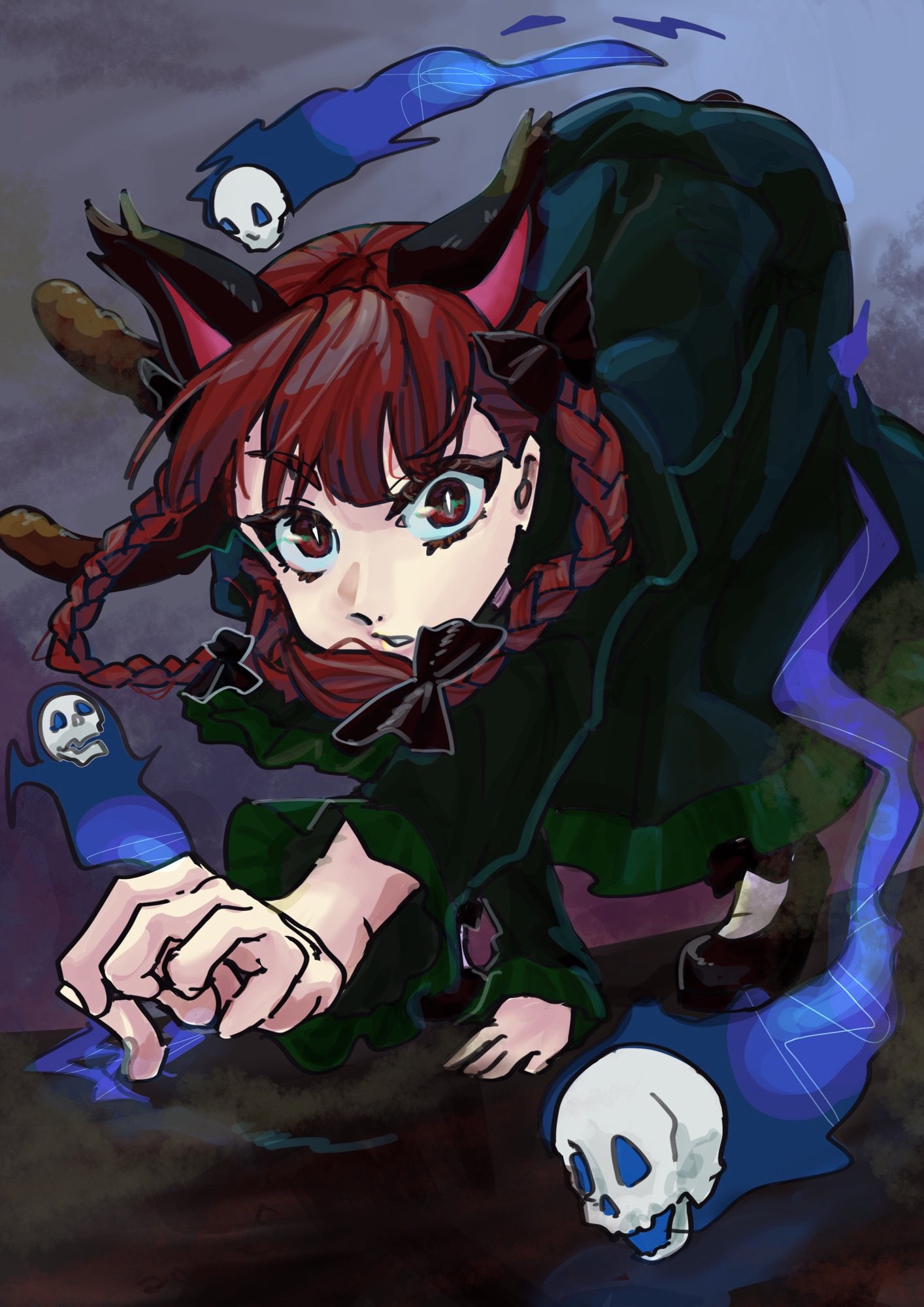 yuke yukima, kaenbyou rin, touhou, commentary, highres, 1girl, animal ears, arm support, bent over, black background, black bow, black shoes, bow, braid, bright pupils, cat ears, cat girl, cat tail, dress, extra ears, full body, green dress, hair bow, high heels, hitodama, long sleeves, multiple tails, parted lips, red eyes, red hair, shoes, side braids, skull, solo, tail, twin braids, two tails, white pupils