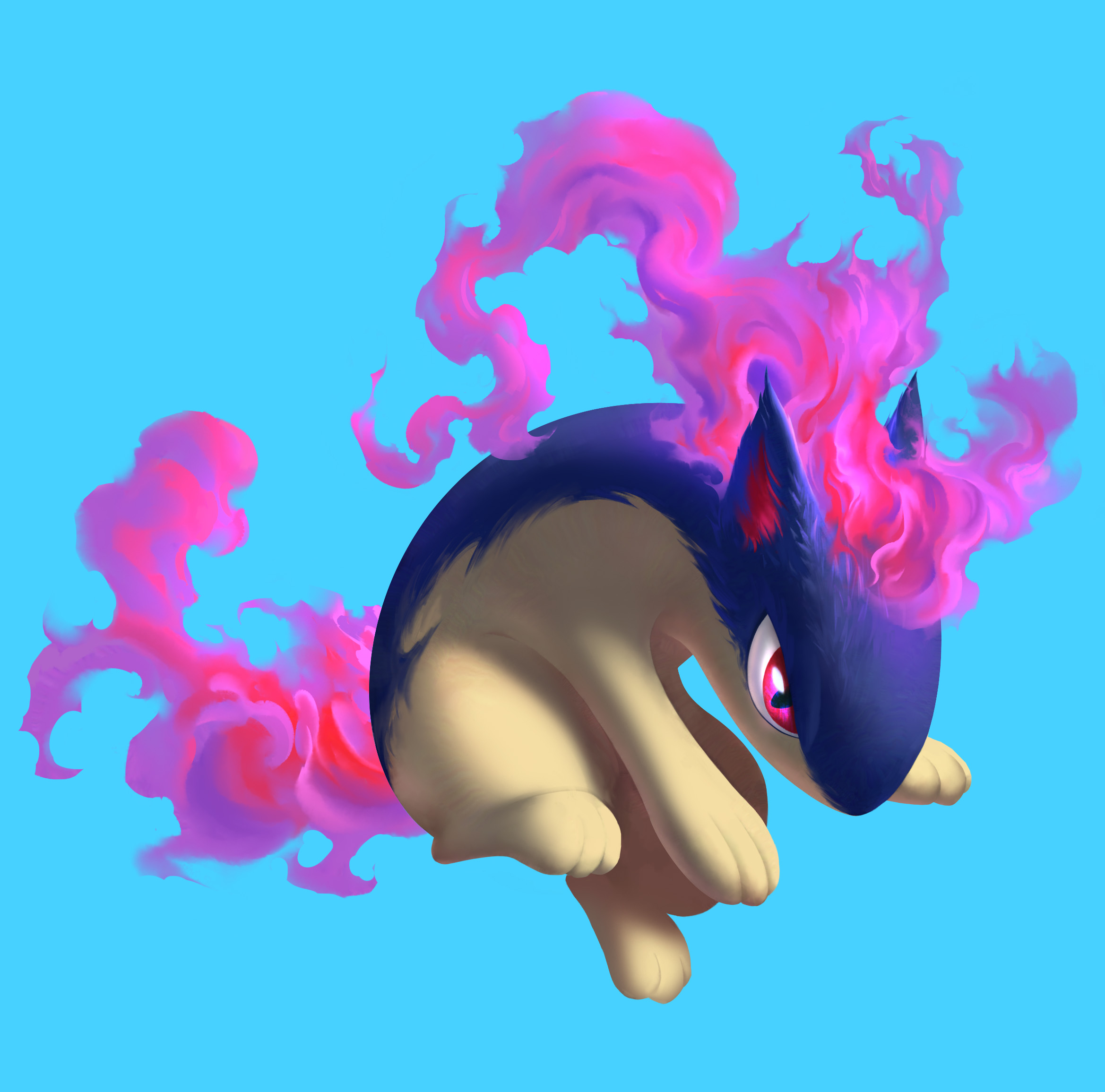 wer (no0701), quilava, nintendo, pokemon, commentary request, highres, blue background, fire, full body, gen 2 pokemon, no humans, pokemon (creature), pokemon focus, purple eyes, purple fire, simple background, solo