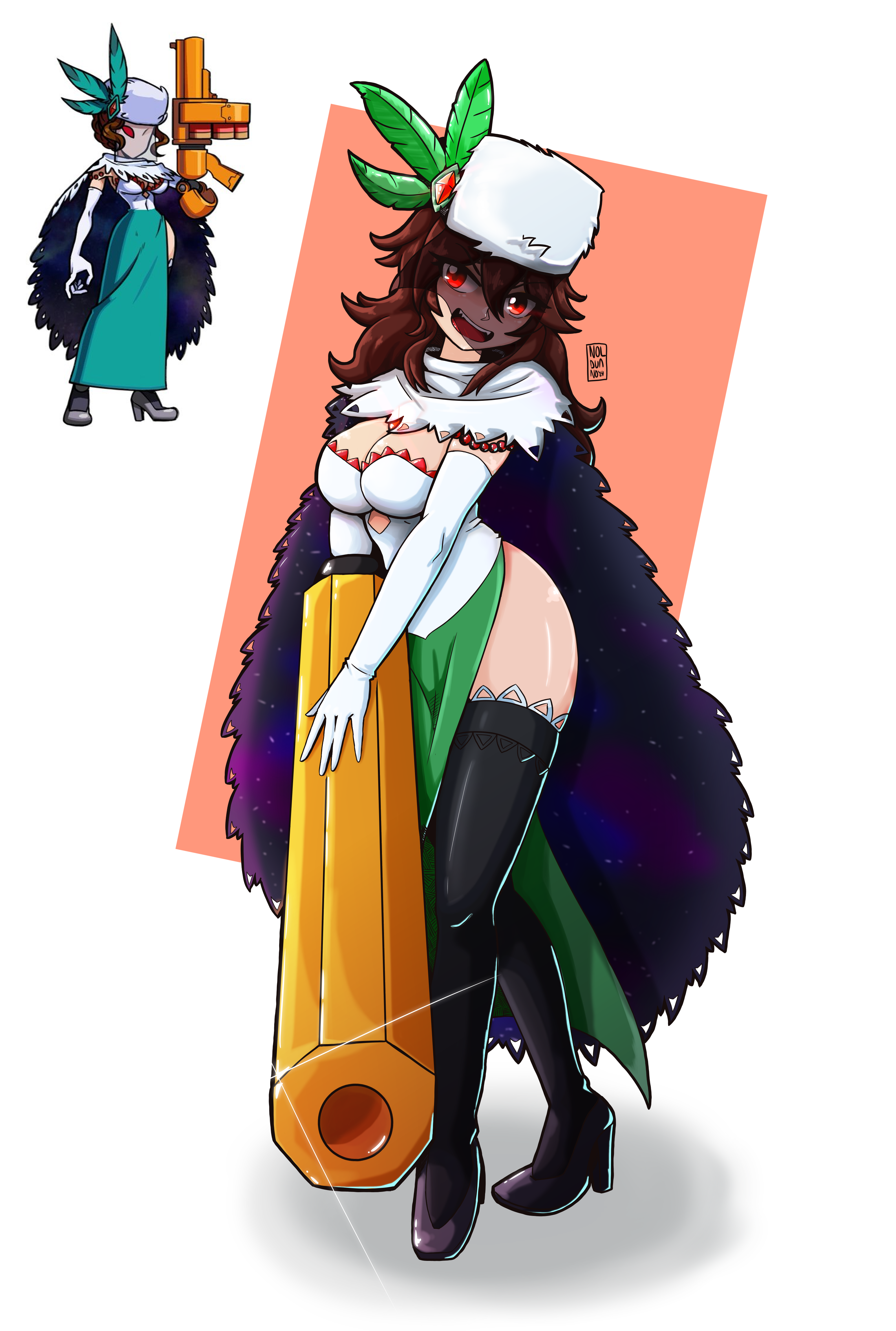 noldvano, black dahlia, reiuji utsuho, skullgirls, touhou, absurdres, commentary, commission, english commentary, highres, 2girls, arm cannon, black boots, black dahlia (cosplay), black thighhighs, boots, brown hair, contrapposto, cosplay, full body, gun, hair ornament, hat, high heel boots, high heels, leaf hair ornament, long hair, looking at viewer, multiple girls, open mouth, red eyes, teeth, thighhighs, upper teeth only, weapon, white background, white hat