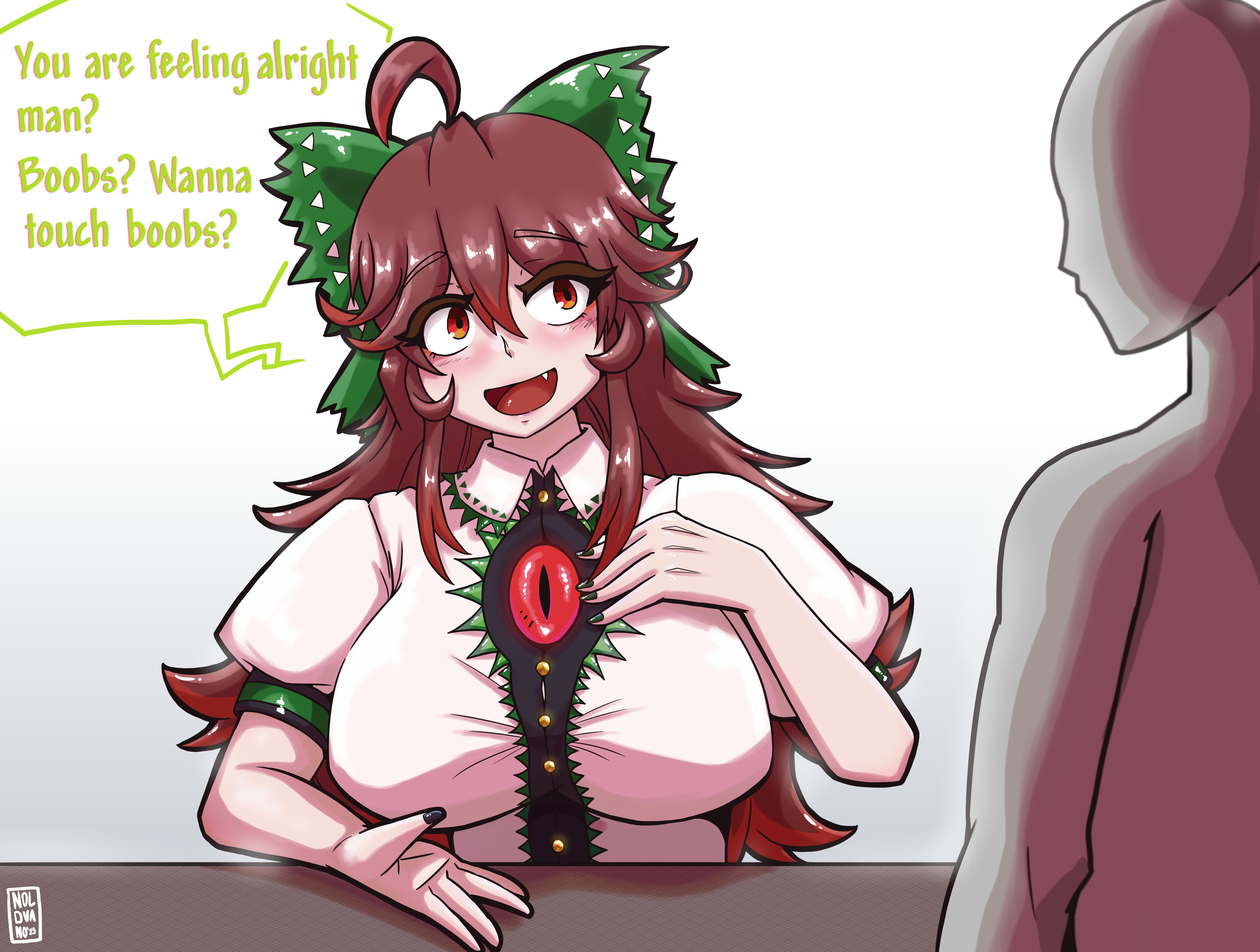 noldvano, reiuji utsuho, touhou, absurdres, commentary, commission, english commentary, highres, 1boy, 1girl, :d, ahoge, black nails, boobs? wanna touch boobs? (meme), bow, breasts, brown hair, fang, green bow, hair bow, large breasts, long hair, looking at another, meme, open mouth, red eyes, short sleeves, simple background, smile, solo focus, speech bubble, third eye, upper body, white background