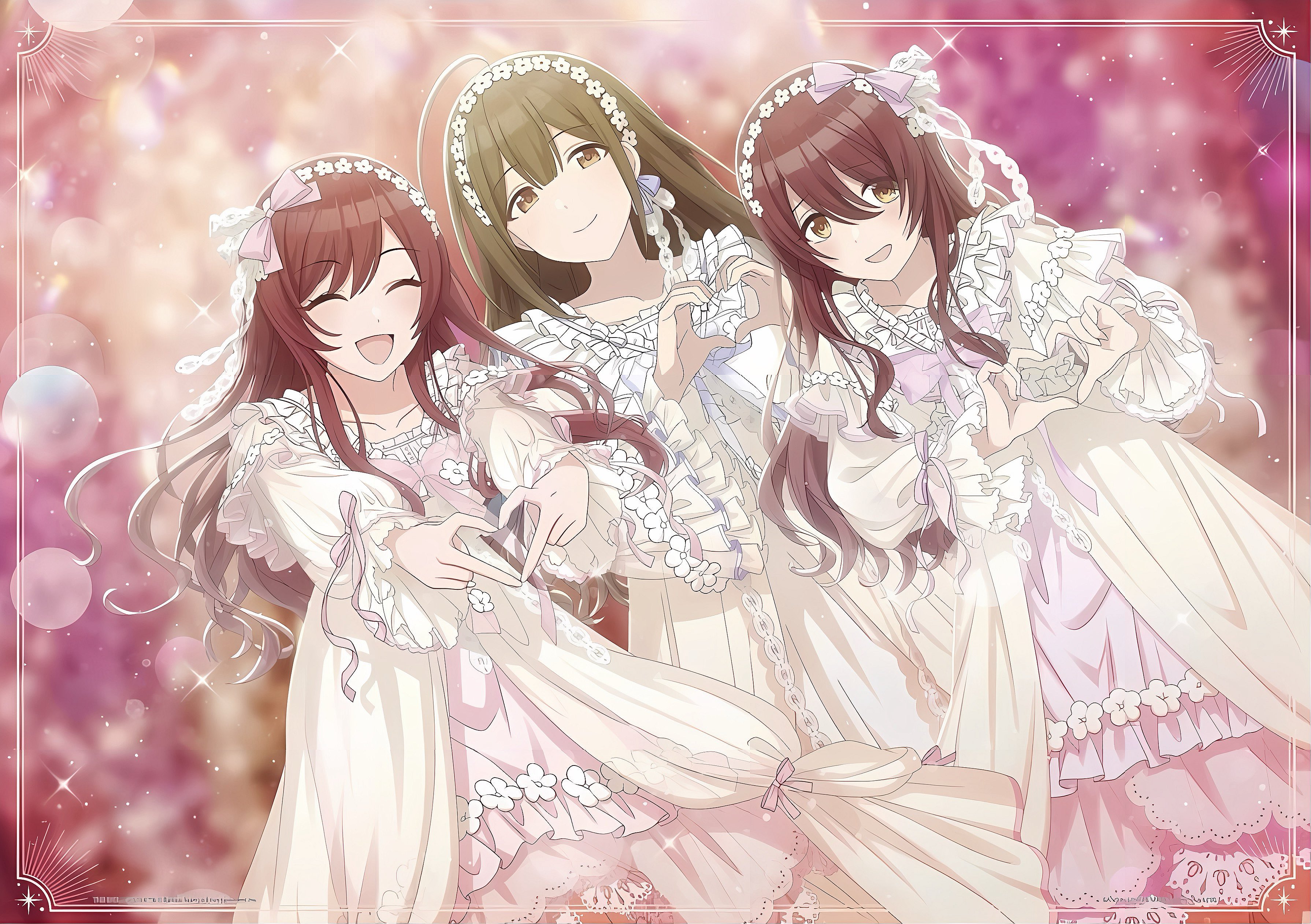 kuwayama chiyuki, osaki amana, osaki tenka, idolmaster, idolmaster shiny colors, official art, 3girls, alstroemeria (idolmaster), brown eyes, brown hair, closed eyes, dress, frills, hairband, heart, heart hands, multiple girls, open mouth, red hair, smile, yellow eyes
