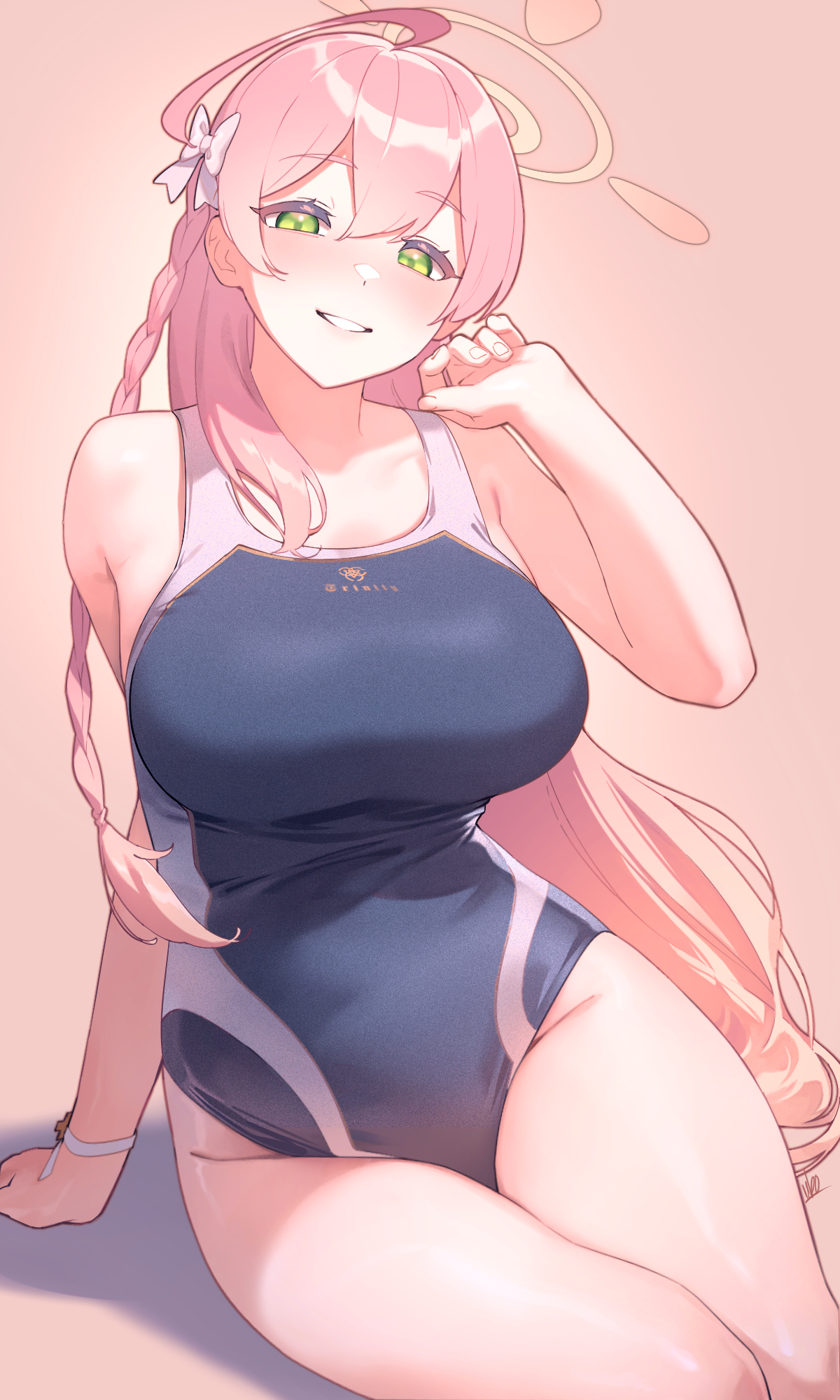ubo (ubo tales), hanako (blue archive), blue archive, commentary, highres, revision, 1girl, arm support, bare arms, bare legs, bare shoulders, black one-piece swimsuit, blue one-piece swimsuit, blush, bow, braid, breasts, clenched hand, clothes writing, collarbone, competition school swimsuit, covered navel, cowboy shot, double-parted bangs, emblem, gradient background, gradient hair, green eyes, grey background, groin, hair between eyes, hair bow, halo, hand up, head tilt, highleg, highleg one-piece swimsuit, huge breasts, leaning to the side, legs together, long hair, looking at viewer, multicolored hair, one-piece swimsuit, orange halo, pink hair, pink halo, ribbon, school swimsuit, shiny skin, signature, single braid, sitting, smile, solo, swimsuit, thighs, trinity general school swimsuit, very long hair, white bow, white ribbon, wrist ribbon