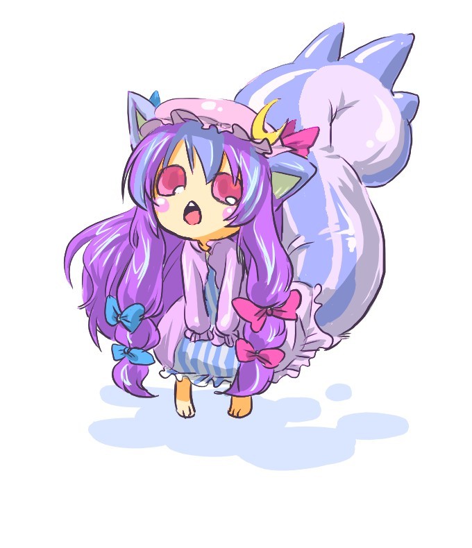 makarori, pachirisu, patchouli knowledge, nintendo, pokemon, touhou, 1girl, animal ears, barefoot, bow, crossover, gen 4 pokemon, hat, kemonomimi mode, long hair, parody, pink bow, pokemon (creature), pokemon tail, pun, purple eyes, purple hair, tail
