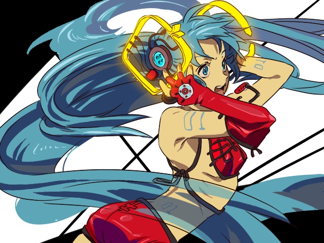 umishima senbon, hatsune miku, vocaloid, bad id, bad pixiv id, 1girl, aqua eyes, aqua hair, elbow gloves, female focus, fingerless gloves, gloves, headphones, headset, midriff, single glove, skirt, solo, twintails