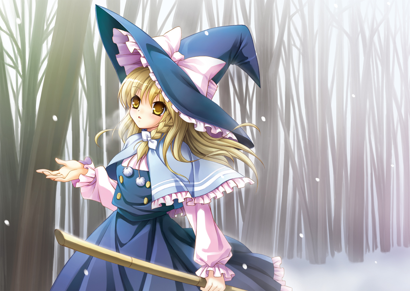 takatsukasa yue, kirisame marisa, touhou, 1girl, blonde hair, braid, broom, female focus, forest, hat, nature, outdoors, plant, short hair, skirt, solo, witch, witch hat, yellow eyes