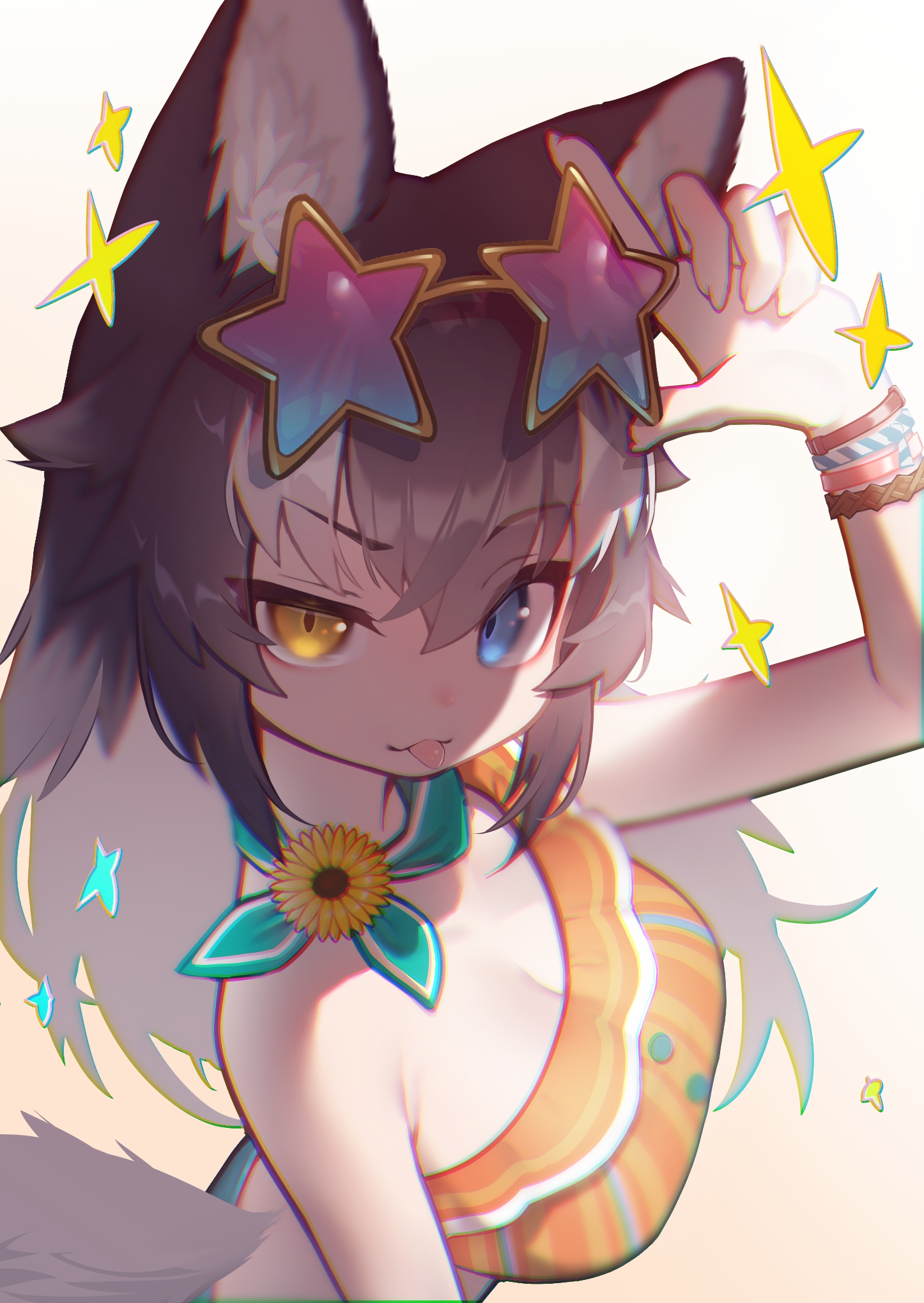 akuma (st.takuma), grey wolf (kemono friends), kemono friends, kemono friends 3, commentary, highres, 1girl, :p, adjusting eyewear, animal ear fluff, animal ears, bare shoulders, bikini, blue eyes, blue scarf, blush, bracelet, breasts, eyewear on head, grey hair, hair between eyes, heterochromia, jewelry, large breasts, long hair, looking at viewer, looking to the side, multicolored hair, official alternate costume, orange bikini, scarf, sidelocks, simple background, sleeveless, solo, sparkle, star-shaped eyewear, star (symbol), sunglasses, swimsuit, tail, tongue, tongue out, upper body, white background, white hair, wolf ears, wolf girl, wolf tail, yellow eyes