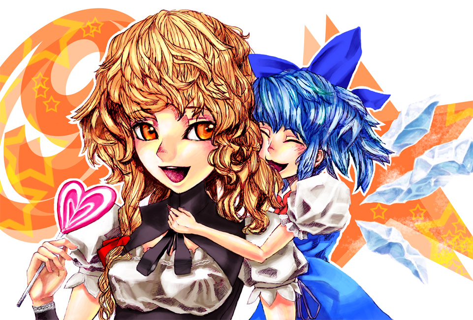 aoitokeidai, cirno, kirisame marisa, embodiment of scarlet devil, touhou, bad id, bad pixiv id, 2girls, blonde hair, blue hair, bow, braid, multiple girls, short hair, wings, yellow eyes