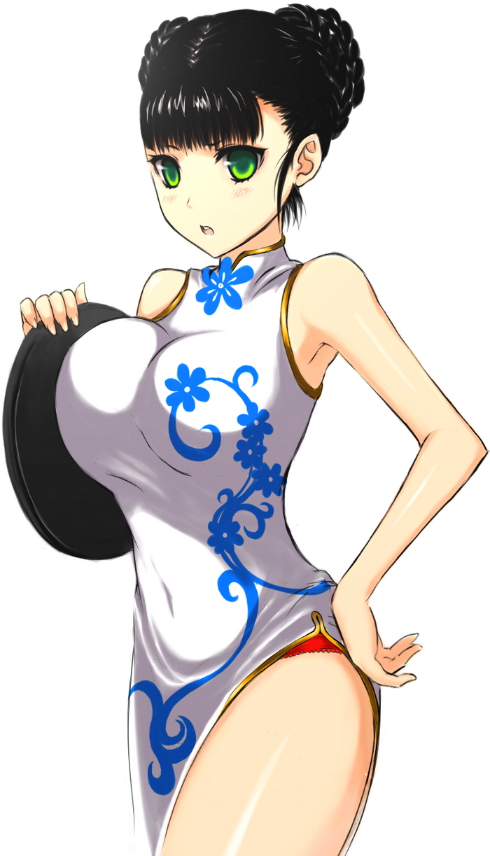 lang (chikage36), original, bad id, bad pixiv id, highres, 1girl, bare shoulders, black hair, breast press, breasts, china dress, chinese clothes, double bun, dress, female focus, green eyes, hair bun, hand on own hip, large breasts, looking at viewer, open mouth, simple background, solo, tray, waitress, white background
