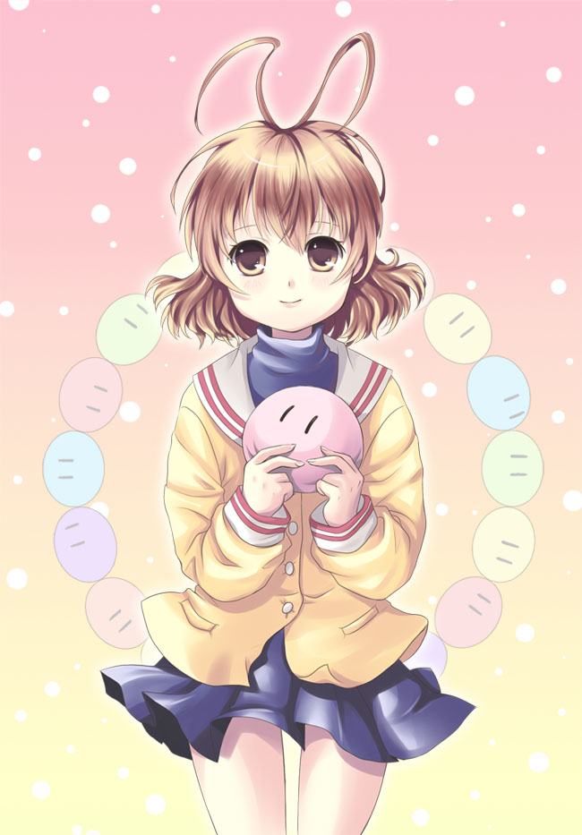 unya (unya-unya), furukawa nagisa, clannad, dango daikazoku, bad id, bad pixiv id, 00s, antenna hair, brown eyes, brown hair, school uniform, short hair, solo