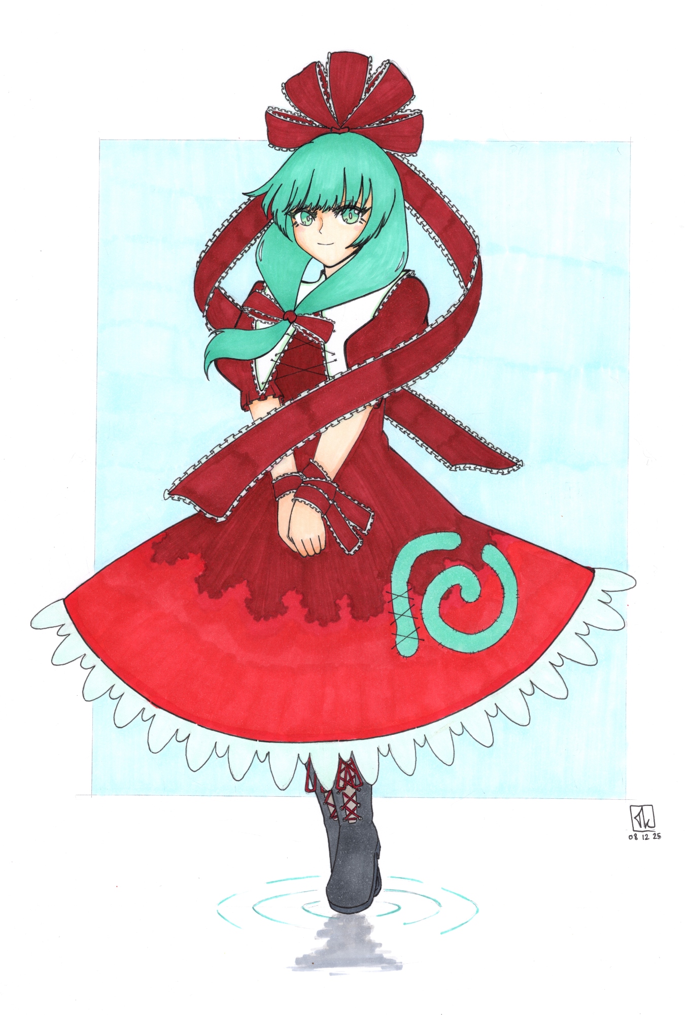 thatkirisame, kagiyama hina, touhou, commentary, commission, english commentary, highres, 1girl, black shoes, blue background, closed mouth, cross-laced clothes, dated, dress, frilled shawl, frills, front ponytail, full body, green eyes, green hair, hair ribbon, long hair, looking at viewer, red dress, red ribbon, ribbon, shawl, shoes, signature, smile, solo