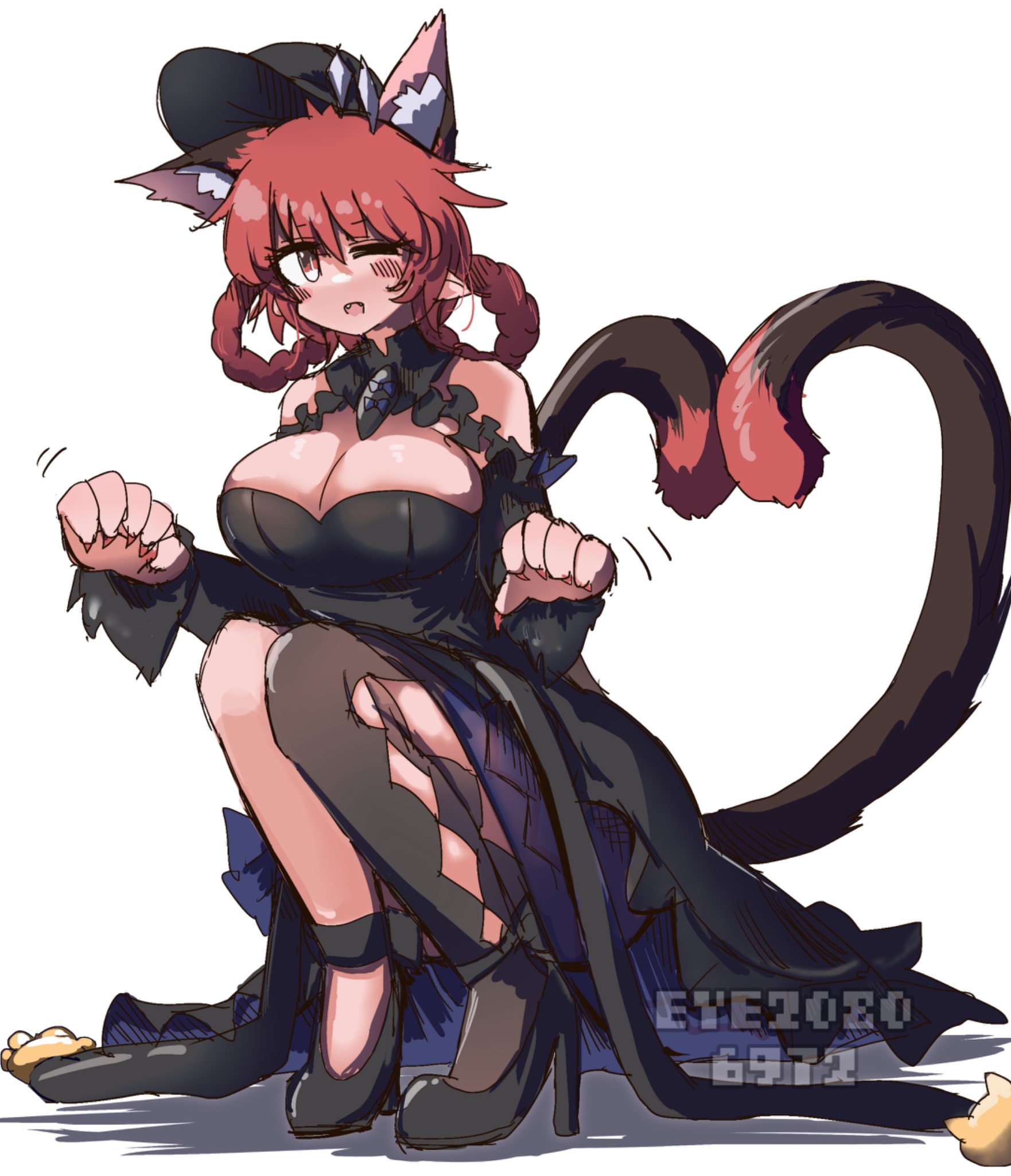 eye20806972, kaenbyou rin, kaenbyou rin (pikara flame), touhou, touhou lostword, commentary, highres, 1girl, animal ear fluff, artist name, bare shoulders, black dress, black hat, black shoes, black thighhighs, blush, braid, breasts, cat girl, cat tail, cleavage, clothing cutout, dress, extra ears, full body, hat, heart, heart tail, heart tail duo, high heels, large breasts, looking at viewer, multiple tails, one eye closed, open mouth, pointy ears, red eyes, red hair, red nails, shoes, single thighhigh, sitting, solo, tail, thighhighs, twin braids, two tails