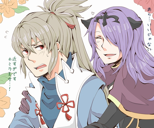 camilla (fire emblem), takumi (fire emblem), fire emblem, fire emblem fates, nintendo, 1boy, 1girl, blush, closed eyes, grey hair, hair over one eye, heart, hug, hug from behind, kuroyaku, looking at another, looking back, older female and younger male, one eye covered, orange eyes, simple background, speech bubble, sweat, tiara
