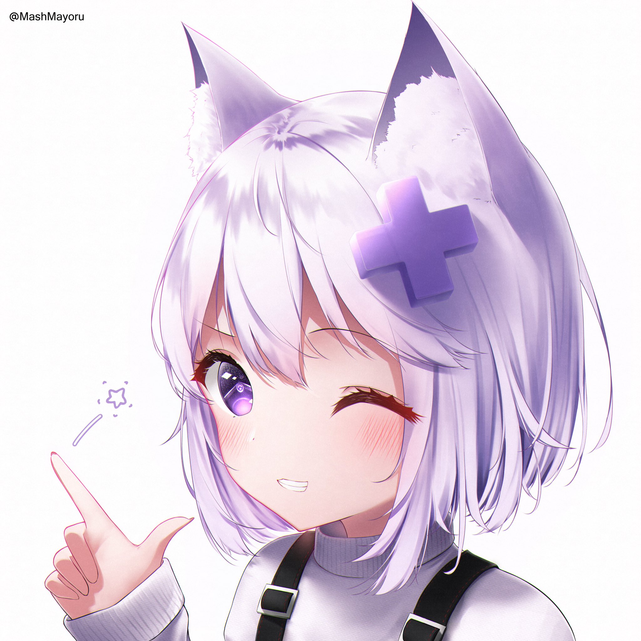mash mayoru, filian (vtuber), mint (vrchat), indie virtual youtuber, commentary, commission, english commentary, highres, second-party source, 1girl, animal ear fluff, animal ears, blush, cat ears, cat girl, eyelashes, hair ornament, index finger raised, long sleeves, one eye closed, portrait, purple eyes, short hair, simple background, smile, solo, star (symbol), suspenders, teeth, twitter username, virtual youtuber, white background, white hair, x hair ornament