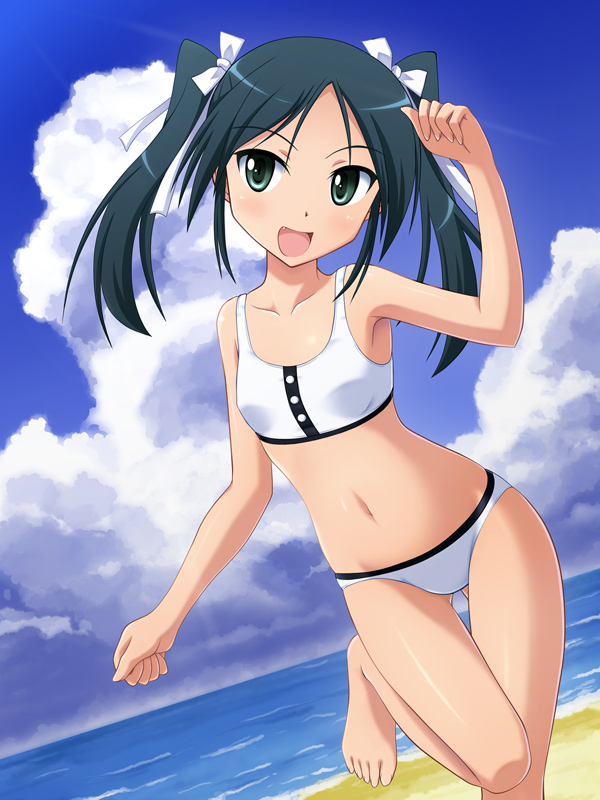 hyokkori tamago, francesca lucchini, strike witches, world witches series, 00s, 1girl, armpits, barefoot, beach, bikini, black hair, cloud, day, feet, female focus, flat chest, green eyes, hair ribbon, ocean, open mouth, outdoors, ribbon, solo, swimsuit, twintails, white bikini