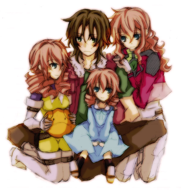 touko12, feldt grace, haro, lockon stratos, neil dylandy, gundam, gundam 00, 00s, 1boy, 3girls, blush, bodysuit, breasts, brown hair, curly hair, dress, green eyes, medium breasts, multiple girls, pink hair, ponytail, smile, twintails, vest, wavy hair