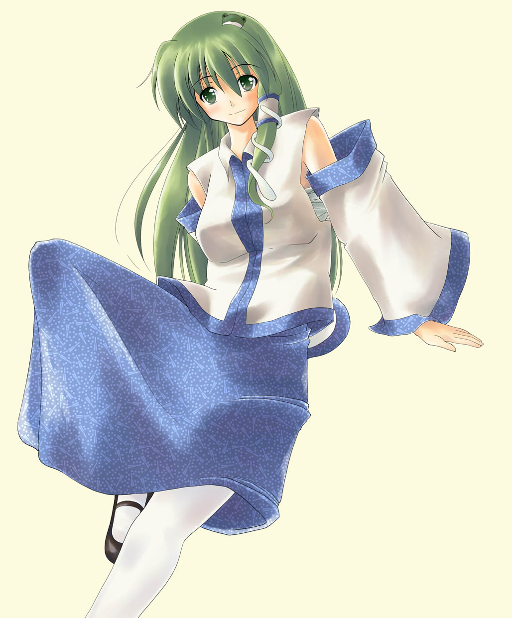 nagi (pasteljam), pastel jam, pasteljam, kochiya sanae, touhou, highres, 1girl, detached sleeves, female focus, frog, green eyes, green hair, hair ornament, long hair, matching hair/eyes, pantyhose, snake, solo, white pantyhose