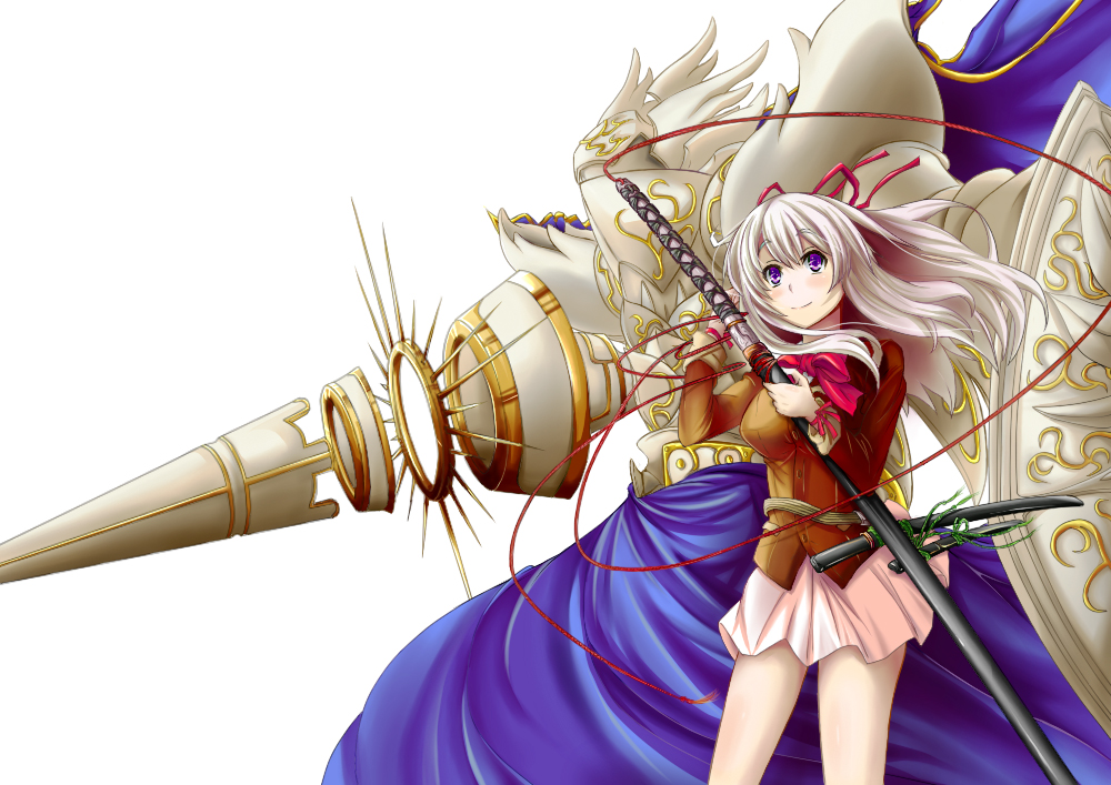 kuro (jyupiter), original, pixiv shadow 2, silver hair, 1girl, armor, cape, female focus, hair ribbon, katana, long hair, purple eyes, ribbon, school uniform, solo, sword, weapon