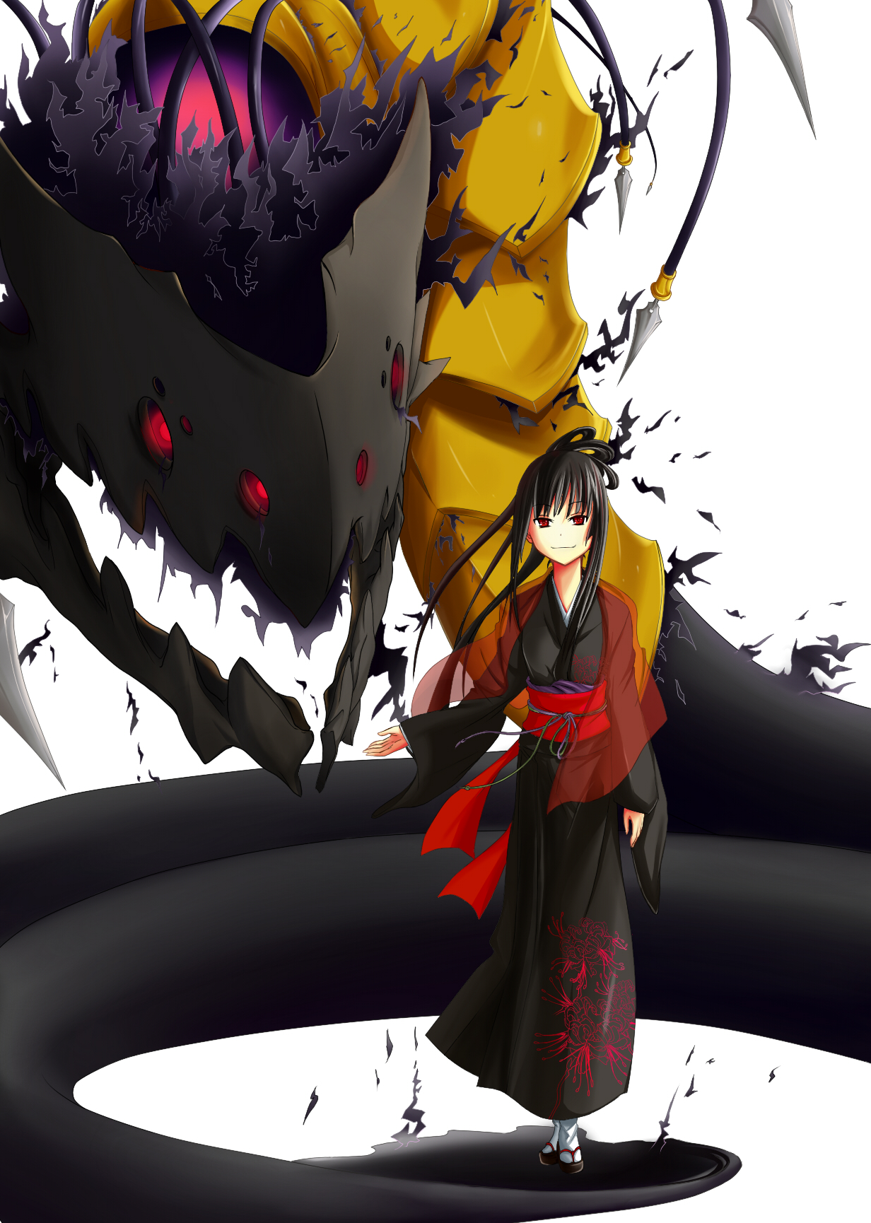 kuro (jyupiter), original, highres, black hair, japanese clothes, long hair, monster, red eyes, solo