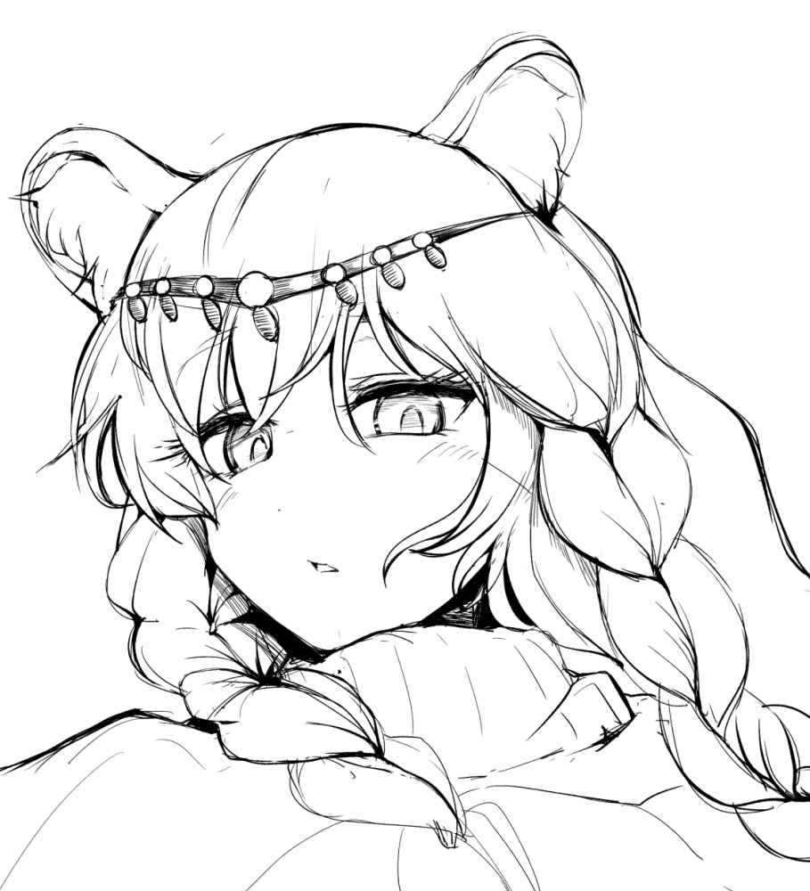 sadahiro (chicken nugget gyuuniku aji), pramanix (arknights), arknights, commentary request, 1girl, animal ears, braid, circlet, expressionless, greyscale, leopard ears, leopard girl, long hair, looking at viewer, monochrome, open mouth, portrait, simple background, solo, sweater, turtleneck, turtleneck sweater, twin braids