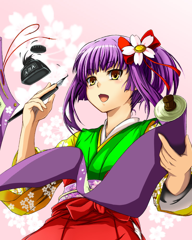 kuro (jyupiter), hieda no akyuu, touhou, 1girl, female focus, flower, ink, japanese clothes, purple hair, short hair, solo, yellow eyes