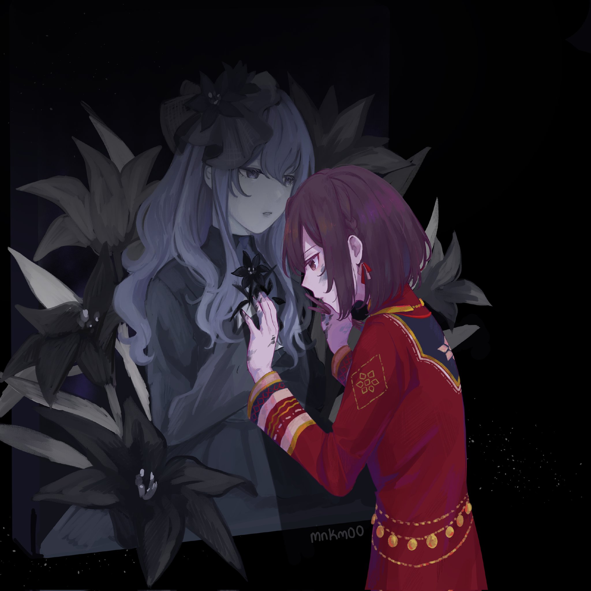 asahina mafuyu, shinonome ena, project sekai, commentary, english commentary, highres, 2girls, black background, black dress, black flower, black hat, black veil, blue eyes, bob cut, brown eyes, brown hair, coat, cowboy shot, dress, face-to-face, floral background, flower, grey dress, grey hair, hair between eyes, hair flower, hair ornament, hat, height difference, holding hands, interlocked fingers, layered dress, lily (flower), long hair, long sleeves, looking at another, mini hat, multiple girls, parted lips, pointy nose, red coat, red ribbon, reean, ribbon, ribbon-trimmed sleeves, ribbon earrings, ribbon trim, sad, short hair, sidelocks, turtleneck, turtleneck dress, veil, wavy hair, yuri