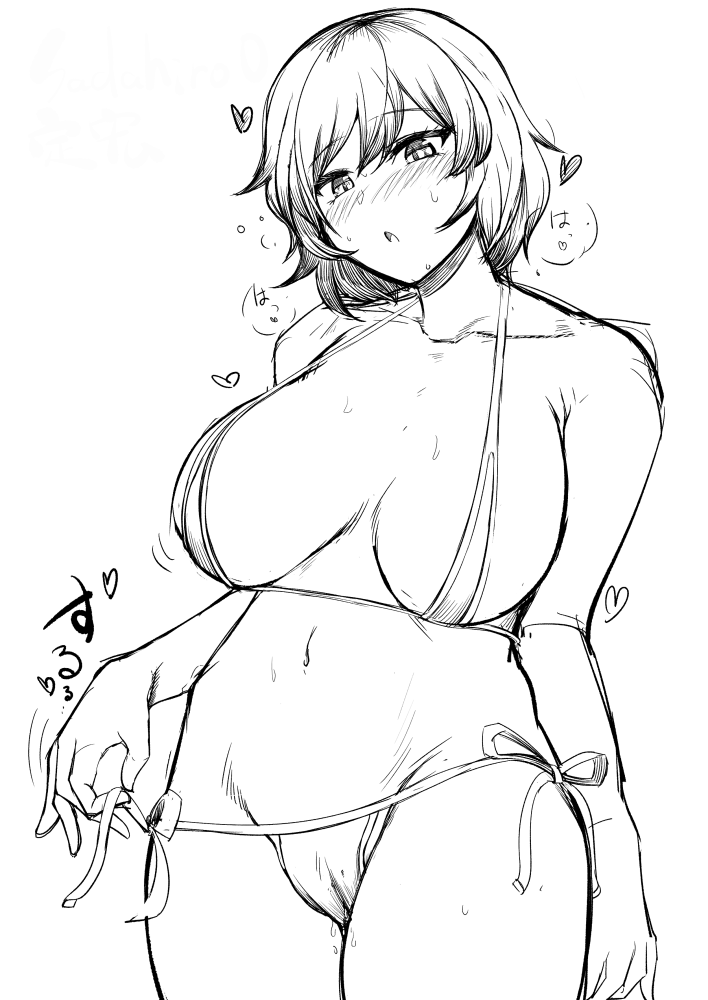 sadahiro (chicken nugget gyuuniku aji), kazami yuuka, touhou, commentary request, 1girl, bikini, blush, breasts, cameltoe, cowboy shot, greyscale, heart, large breasts, looking at viewer, micro bikini, monochrome, nose blush, open mouth, short hair, side-tie bikini bottom, simple background, solo, swimsuit, untying