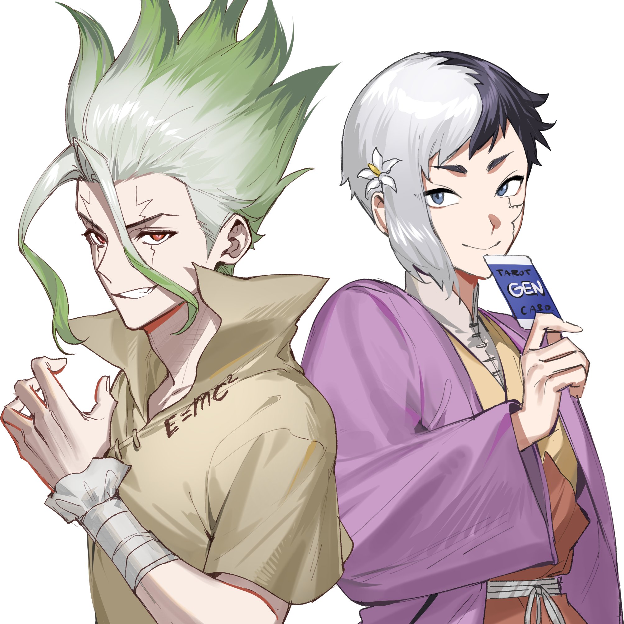 kaohom503 2, asagiri gen, ishigami senkuu, dr. stone, highres, 2boys, asymmetrical hair, black hair, blue eyes, brown shirt, cracked skin, e=mc2 (equation), green hair, looking at viewer, male focus, multicolored hair, multiple boys, red eyes, shirt, simple background, smile, split-color hair, tall hair, teeth, two-tone hair, upper body, white background, white hair