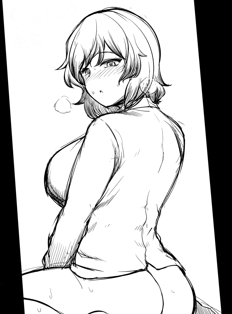 sadahiro (chicken nugget gyuuniku aji), kazami yuuka, touhou, commentary request, 1girl, ass, blush, bottomless, breasts, feet out of frame, from behind, greyscale, large breasts, long sleeves, looking at viewer, looking back, monochrome, nose blush, open mouth, shirt, short hair, simple background, sketch, solo