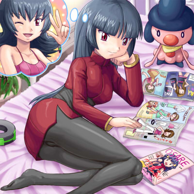 pokemoa, beauty (pokemon), dawn (pokemon), growlithe, jasmine (pokemon), mime jr., parasol lady (pokemon), sabrina (pokemon), nintendo, pokemon, pokemon dppt, pokemon frlg, pokemon hgss, lowres, 1girl, alternate costume, alternate hairstyle, arm support, bed, black bodysuit, black hair, bodysuit, cameo, cosplay, gen 1 pokemon, gen 4 pokemon, gym leader, imagining, jasmine (pokemon) (cosplay), long hair, lying, magazine (object), on side, one eye closed, pantyhose, red eyes, sabrina (pokemon) (cosplay), smile, thinking, v, wink