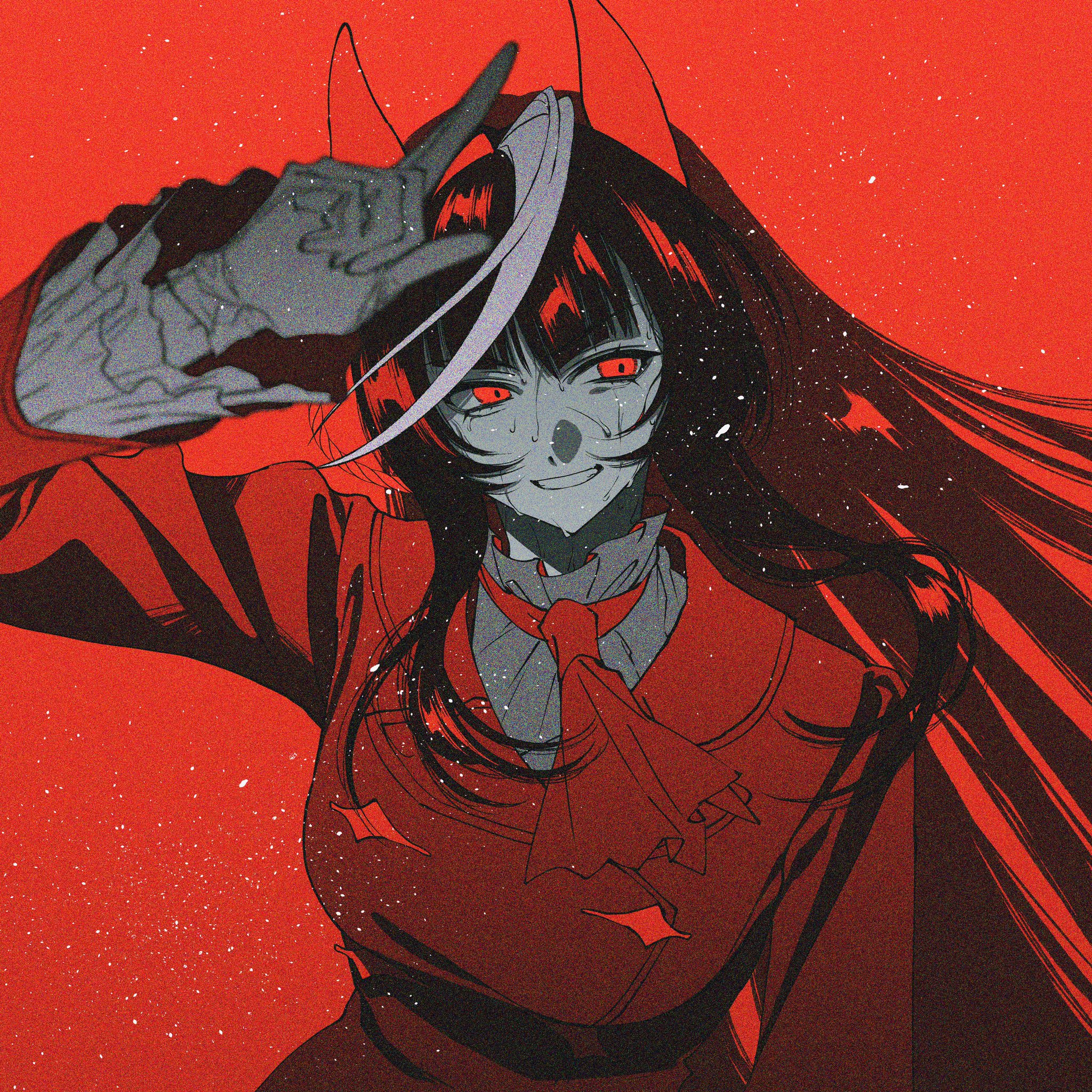 ni kogori, calstone light o (umamusume), umamusume, highres, 1girl, animal ears, arm up, ascot, black hair, blurry, breasts, buttons, coat, depth of field, double-breasted, ear covers, floating hair, gloves, grin, horse ears, index finger raised, limited palette, long hair, long sleeves, medium breasts, multicolored hair, red ascot, red eyes, red theme, shirt, smile, solo, streaked hair, sweat, upper body, white gloves