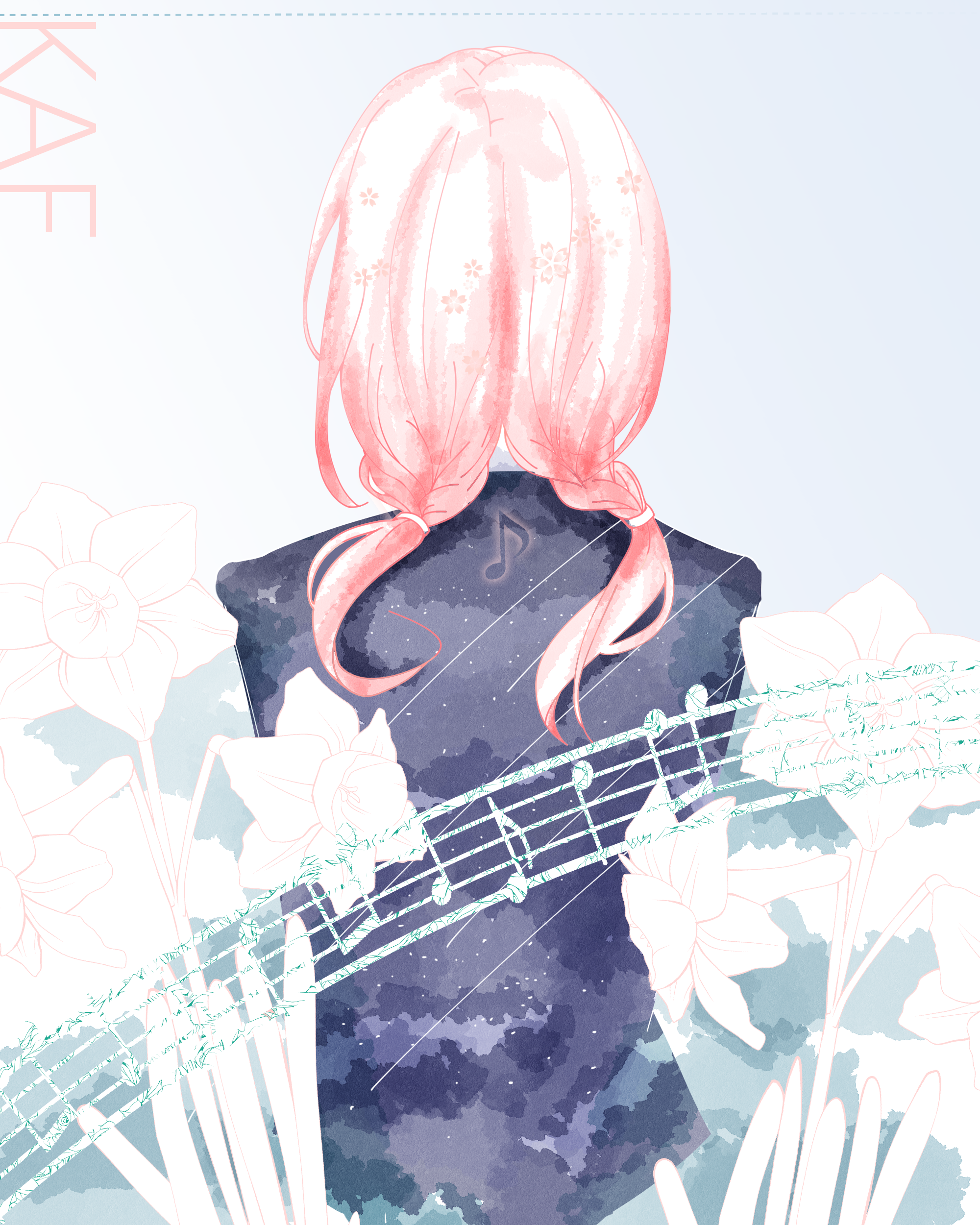 kaf (kamitsubaki studio), kamitsubaki studio, absurdres, commentary, highres, 1girl, blue dress, ceilagies, character name, dress, flower, from behind, grey background, long hair, musical note, pink hair, solo, twintails, virtual youtuber